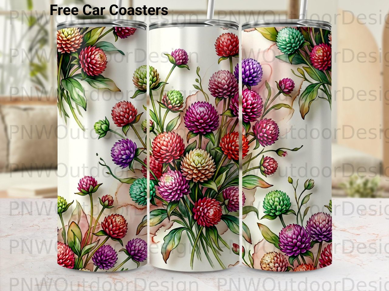 Watercolor Floral Tumbler Sublimation Design PNG | 20oz Skinny Seamless Tapered Digital File with Free Car Coaster Wrap