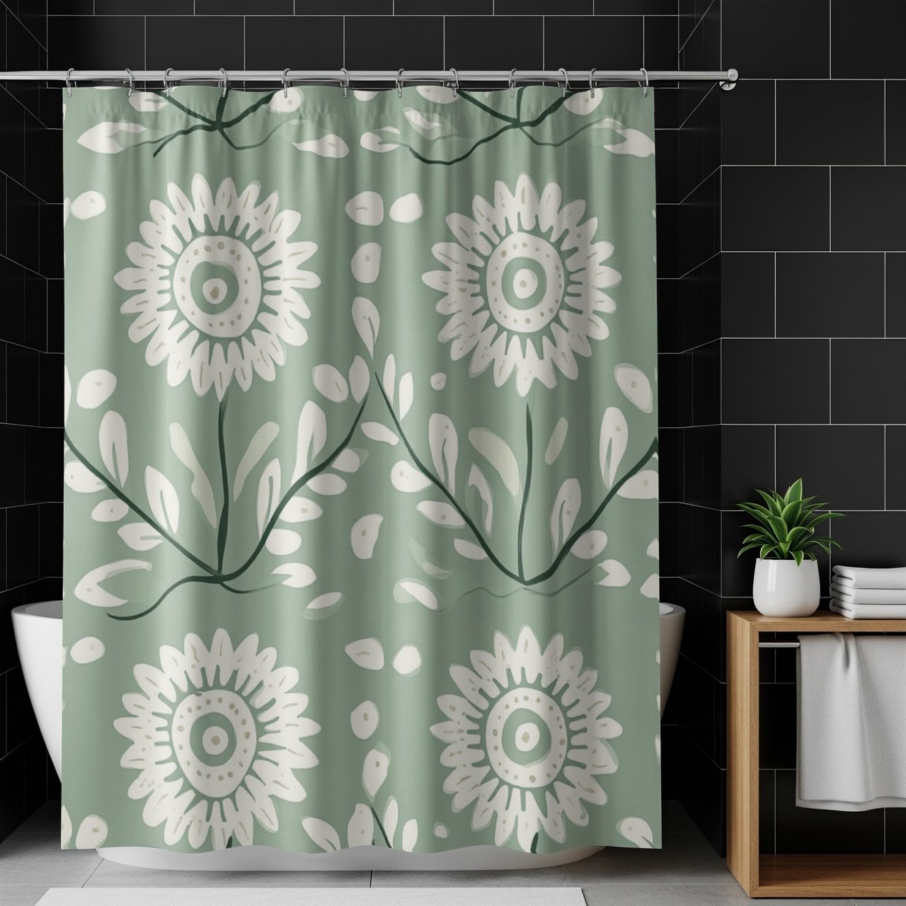 Sage Green Floral Shower Curtain and Bath Mat Set, Folk Art Botanical Flower Bathroom Decor, Cottagecore Farmhouse Boho Bath Set Gift