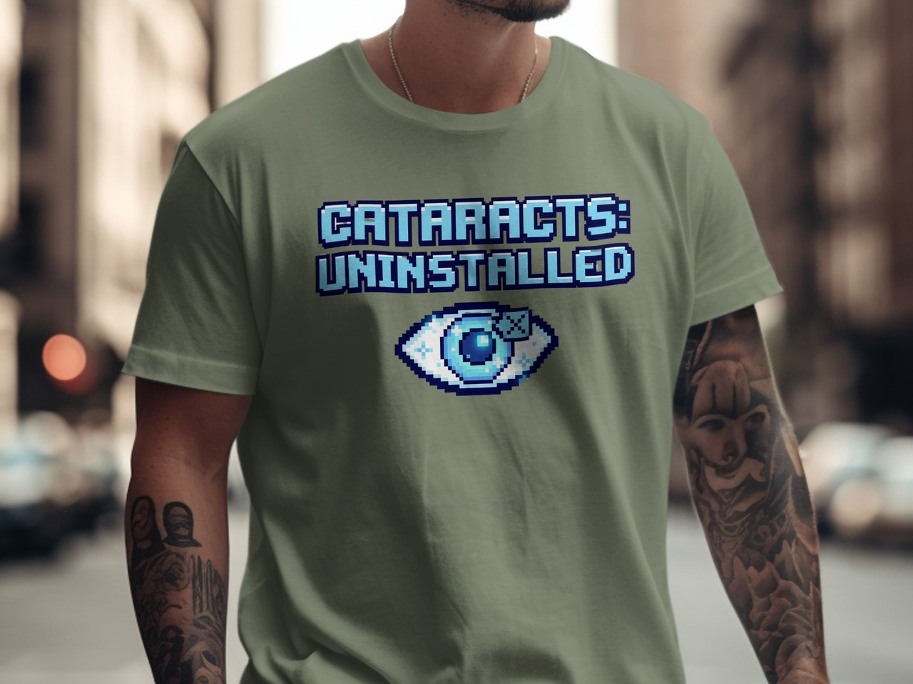 Cataracts Uninstalled T-Shirt: Pixel Art Eye, Successful Surgery, Clear Vision Graphic