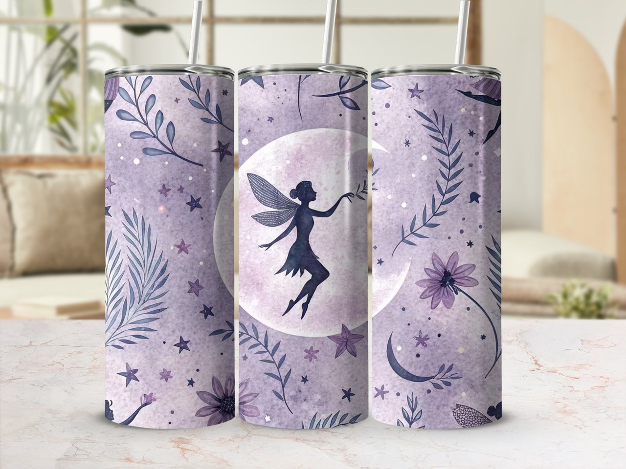 Fairy Moon Seamless 20oz Tumbler Wrap, Floral Digital Design, Celestial Tumbler Design, Purple Tumbler, Stars Printable Sublimation Design