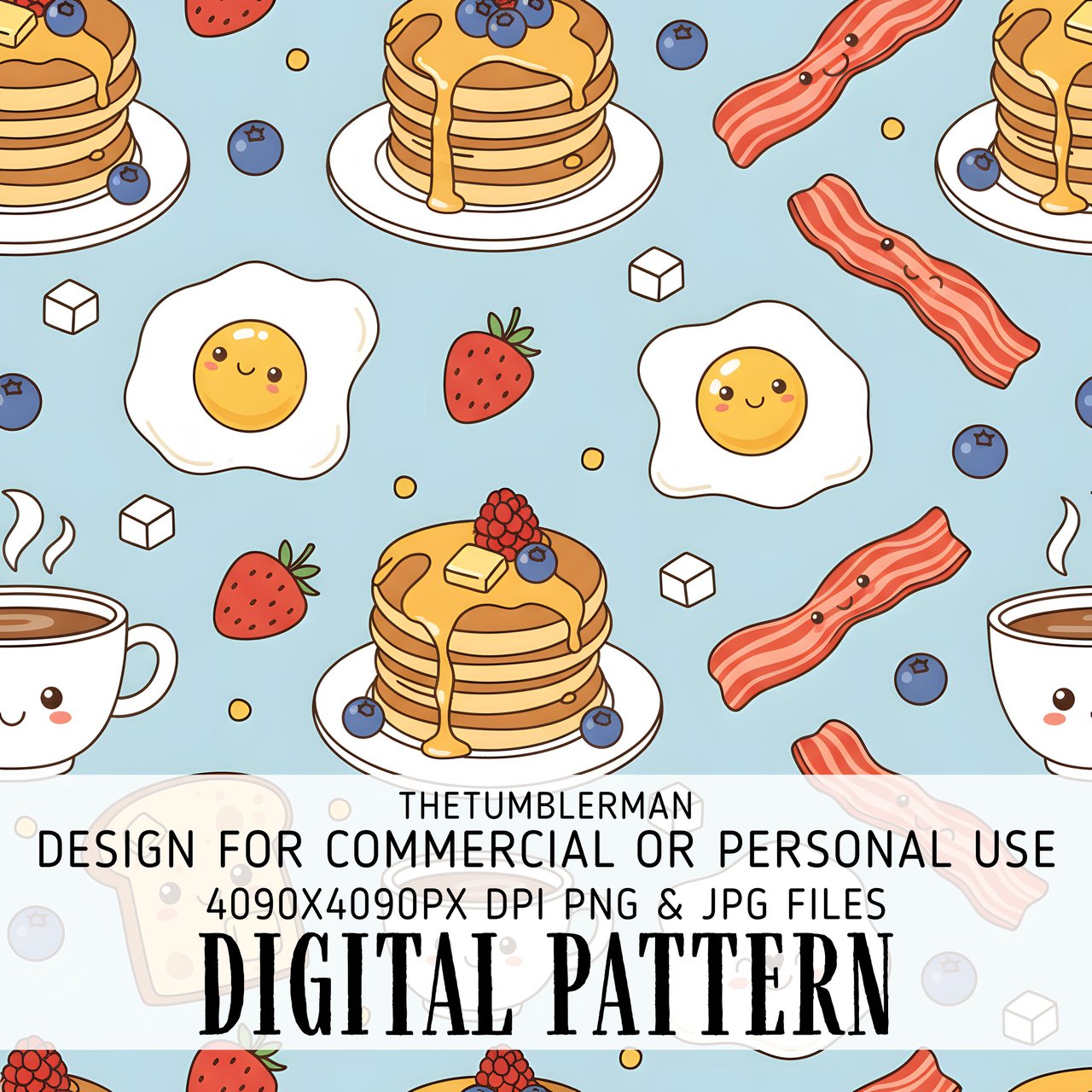Digital Pancakes Pattern, Breakfast Food Print, Egg and Bacon Design, Cute Kawaii Art, Food Lover Gift, Digital Bundle, Fun Seamless Repeat
