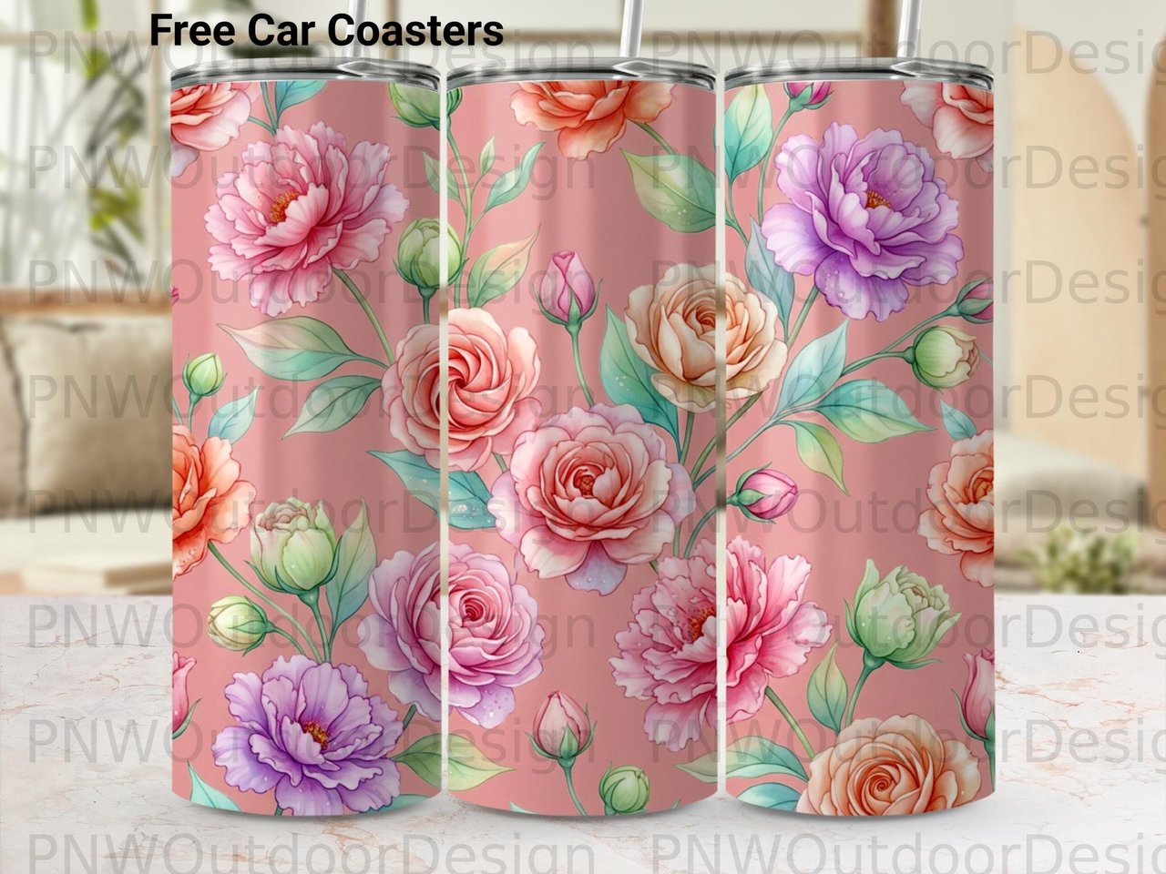 Peony Rose Watercolor Tumbler Wrap PNG, Floral 20oz Skinny Tumbler Sublimation Design, Digital Download Gift for Her, Seamless Floral