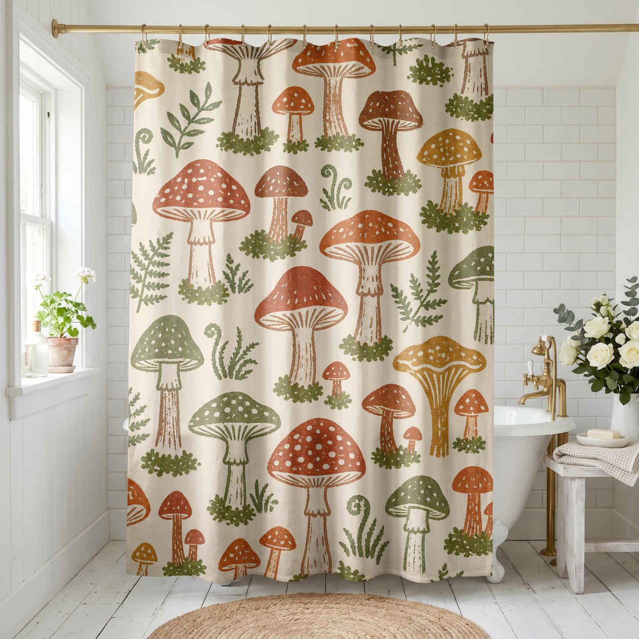 Woodland Fungi Block Print Shower Curtain