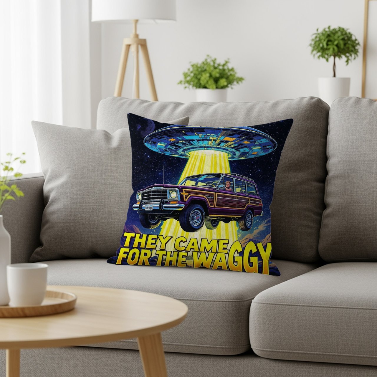 Grand Wagoneer UFO Pillows, They Came for Waggy Pillow Case, Retro Car Gift, Unique Room Decor, Outer Space Lover, Car Enthusiast