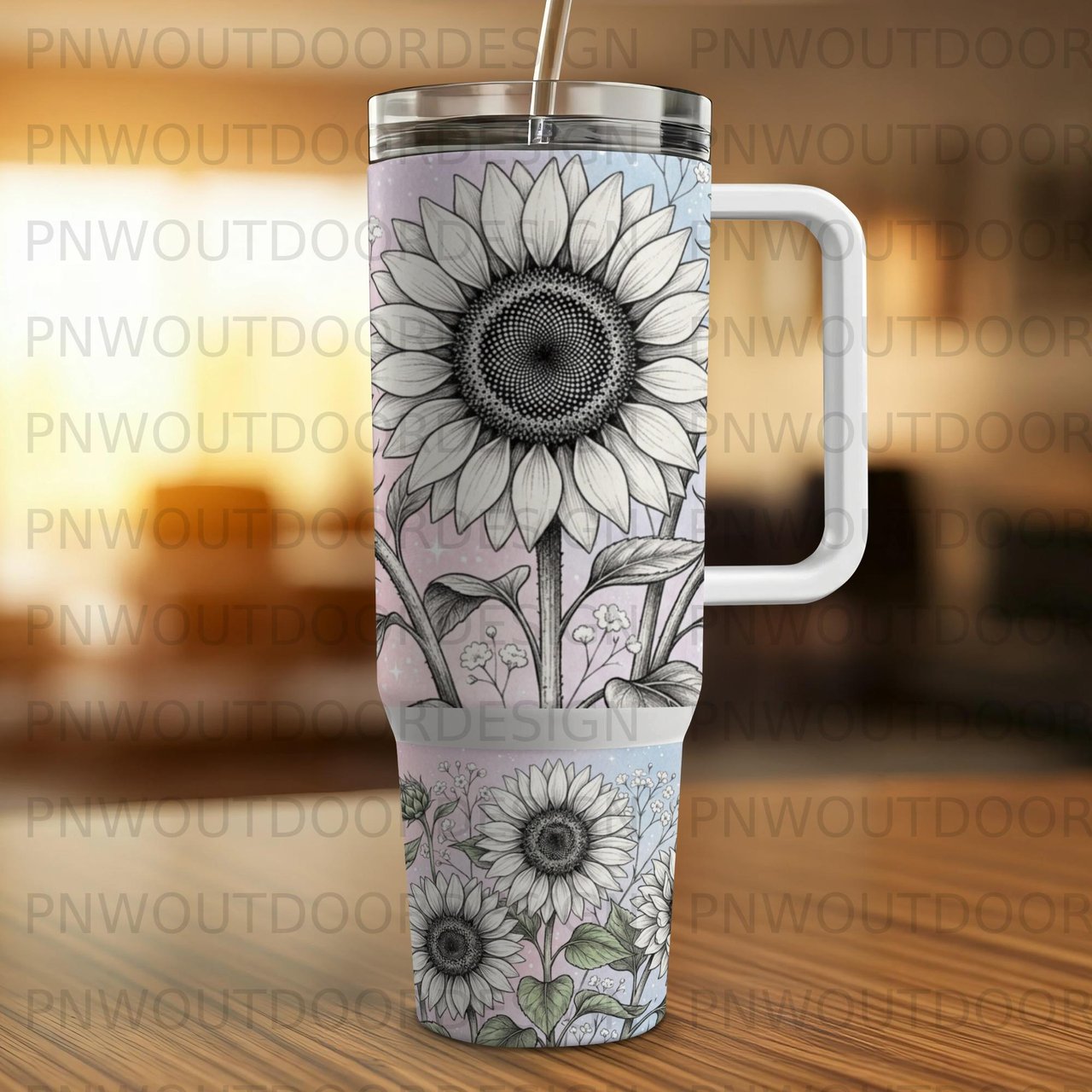 40oz Sunflower Tumbler Sublimation PNG, Distressed Watercolor Design, Tapered Seamless Digital Download, Pink Blue Floral Wrap, Car Coaster