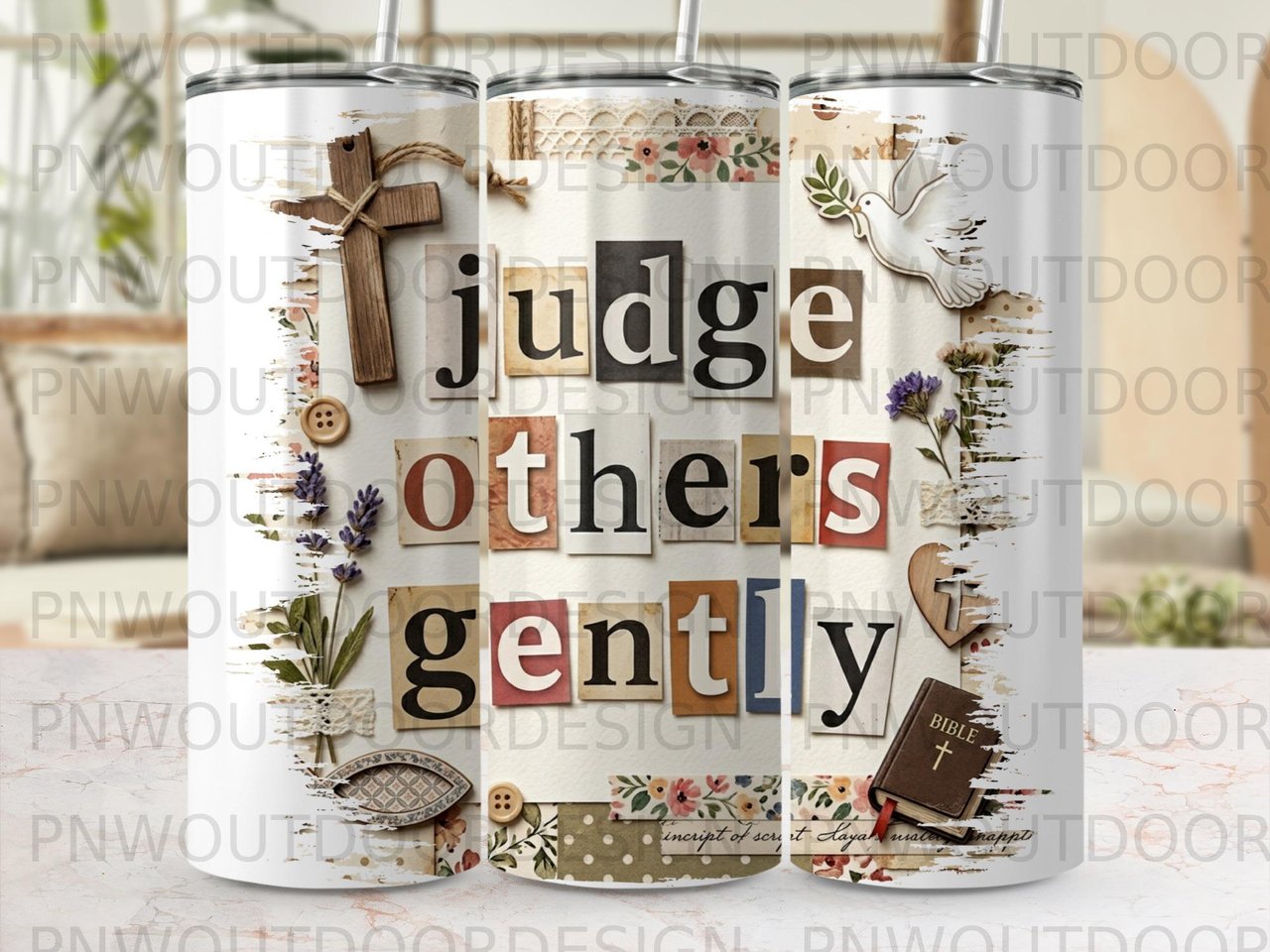 Judge Gently Tumbler PNG, Christian Quote Faith Scrapbook Collage Digital Design, Inspirational 20oz Skinny Sublimation Wrap, Seamless