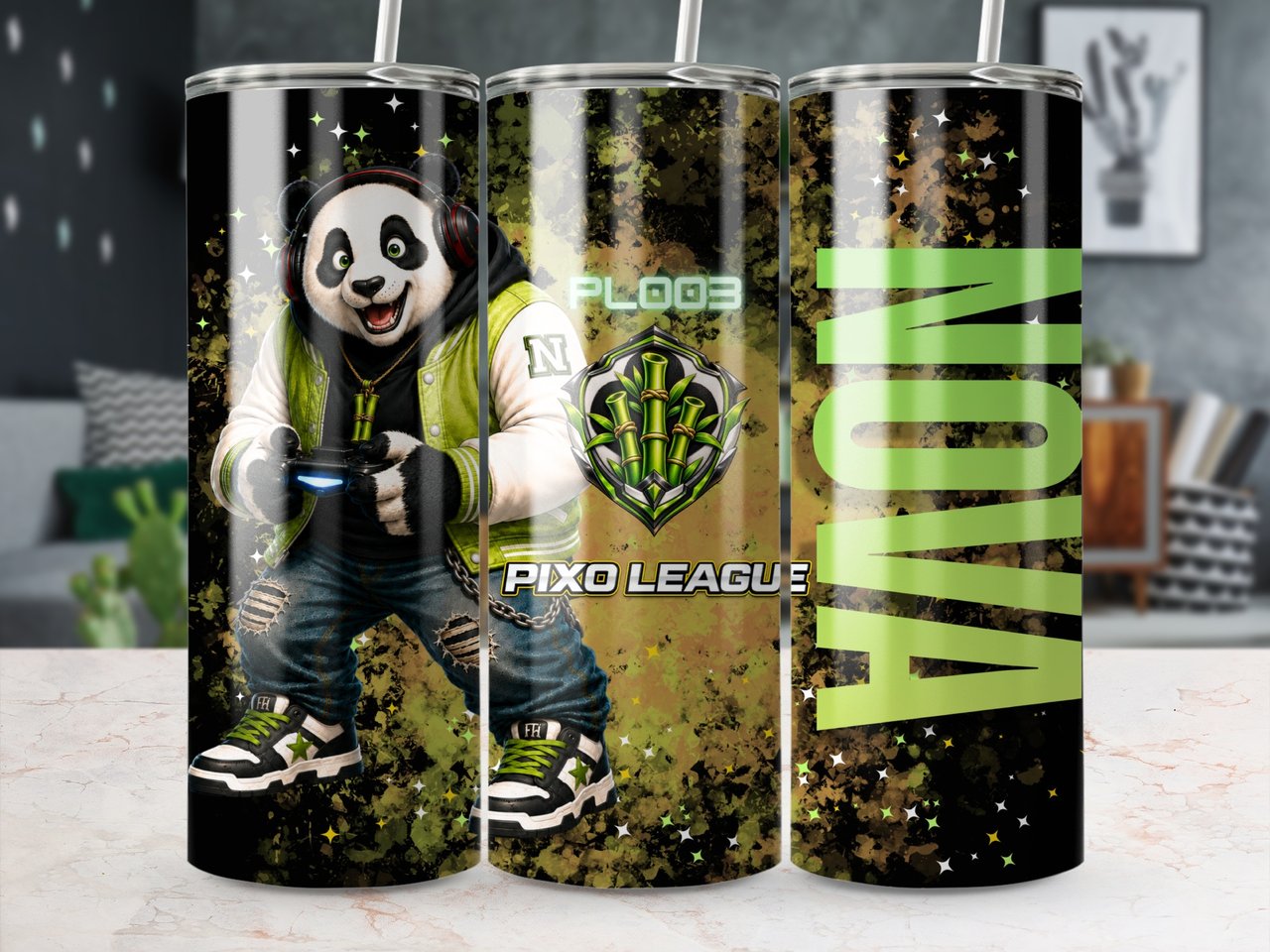 20oz Skinny Tumbler with Straw, Panda Gamer Tumbler, Gaming Cup, Video Game Gift for Boys and Teens