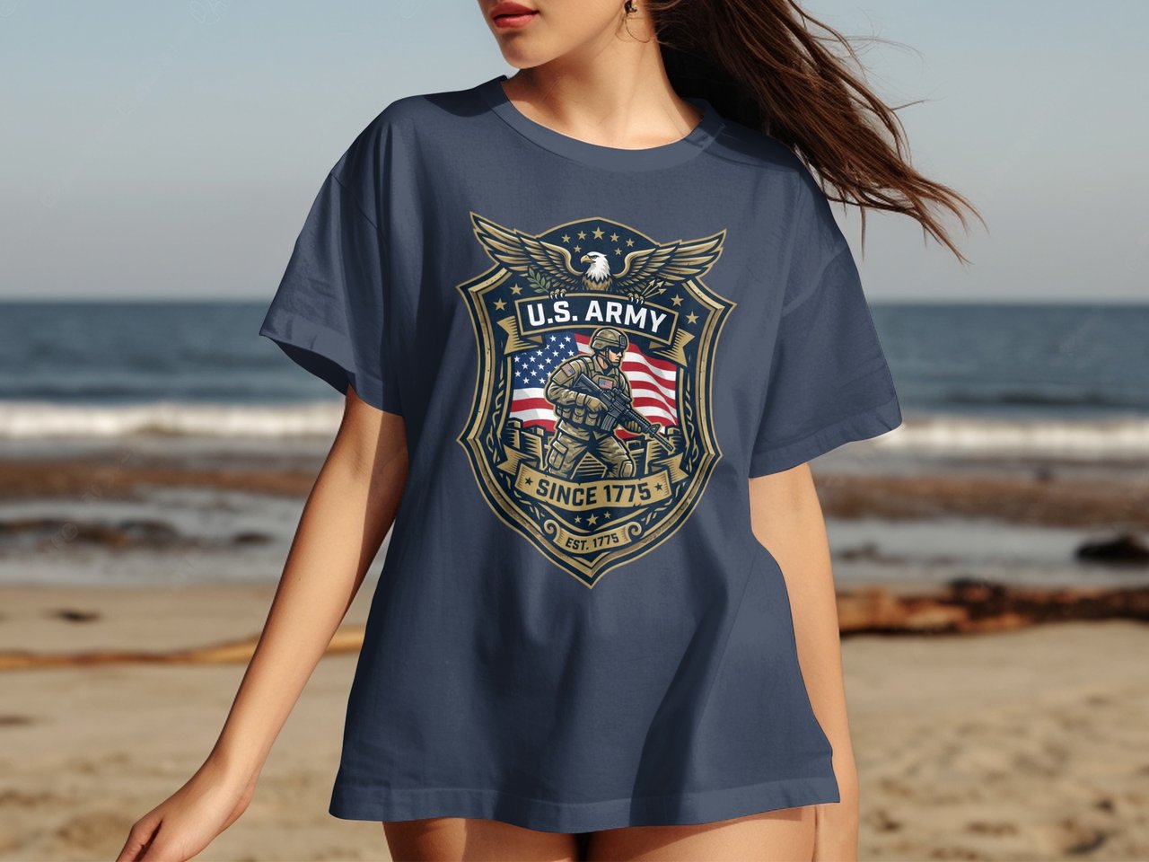 US Army Veteran T-Shirt, Patriotic Military Shield Eagle American Flag Since 1775 Tee, Army Family Gift for Him Her, Honor Our Troops Shirt