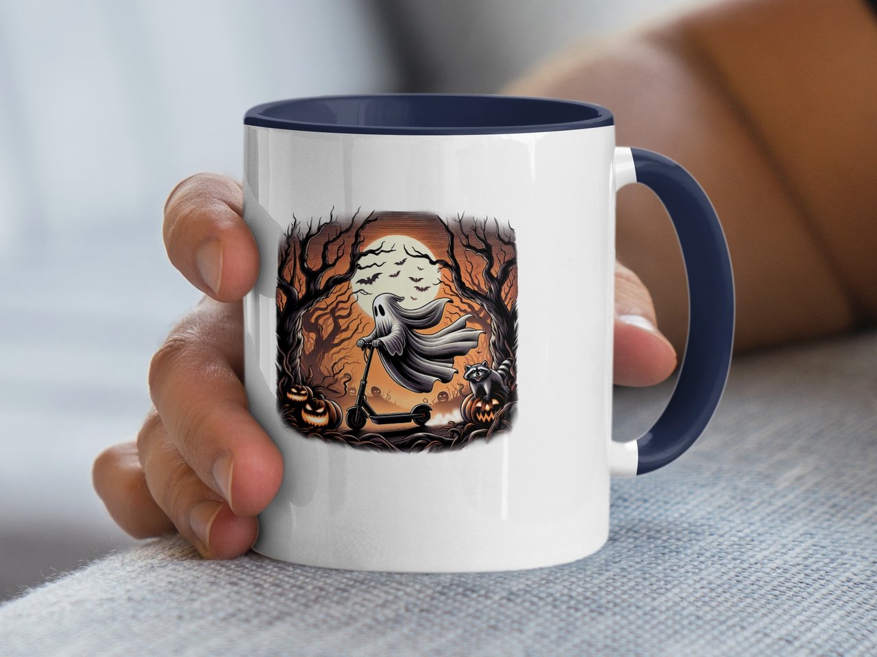 Halloween Mug, Ghost on Scooter, Spooky Season, Raccoon, Pumpkin, Bats, Full Moon, Fall Decor, Halloween Gift, Coffee Mug, Unique Mug