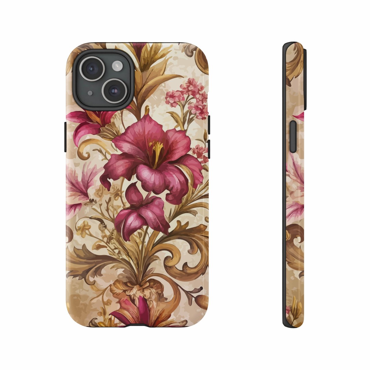 Floral iPhone Case: Vintage Style, Baroque Design, Burgundy Flowers, Ornate