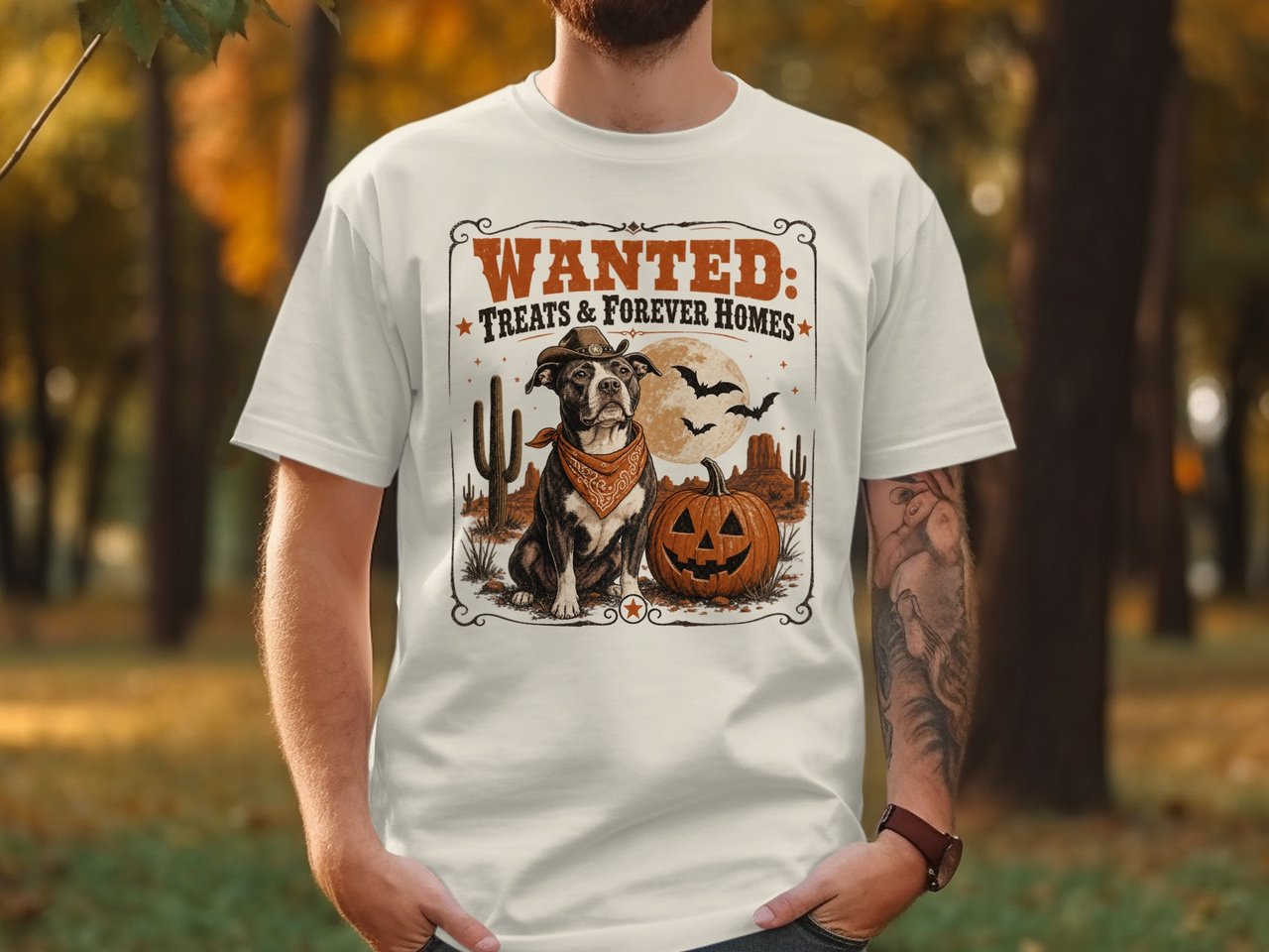 Wanted Treats Forever Homes T-Shirt, Halloween Pitbull Western Dog Tee, Fall Pumpkin Shirt for Dog Lovers