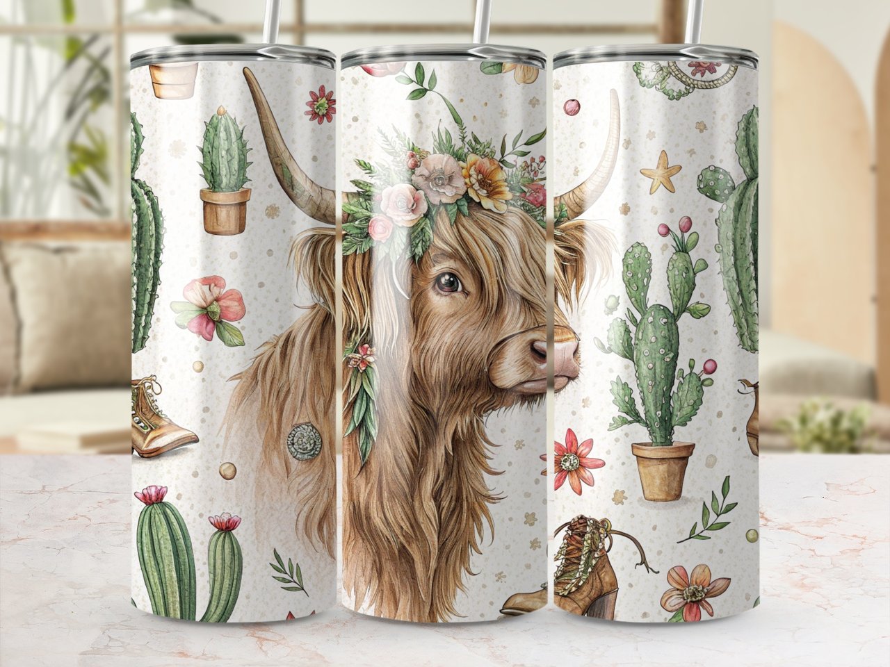 Floral Highland Cow 20oz Seamless Tumbler Wrap, Western Tumbler Design, Cactus Tumbler, Bohemian Cow Tumbler, Cute Animal Tumbler Wrap