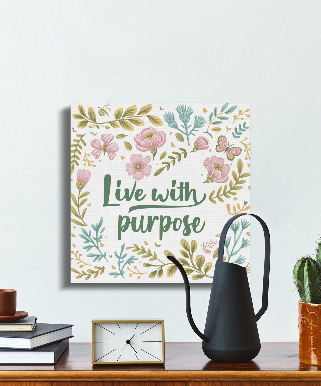 Live with Purpose Canvas Wrap, Floral Wall Art, Motivational Quote Decor, Inspirational Canvas, Butterfly and Flower Print