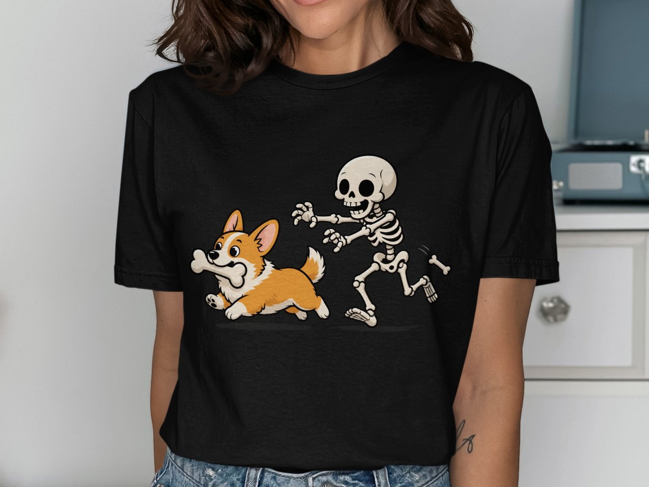 Corgi Stealing Skeleton Bone Tee