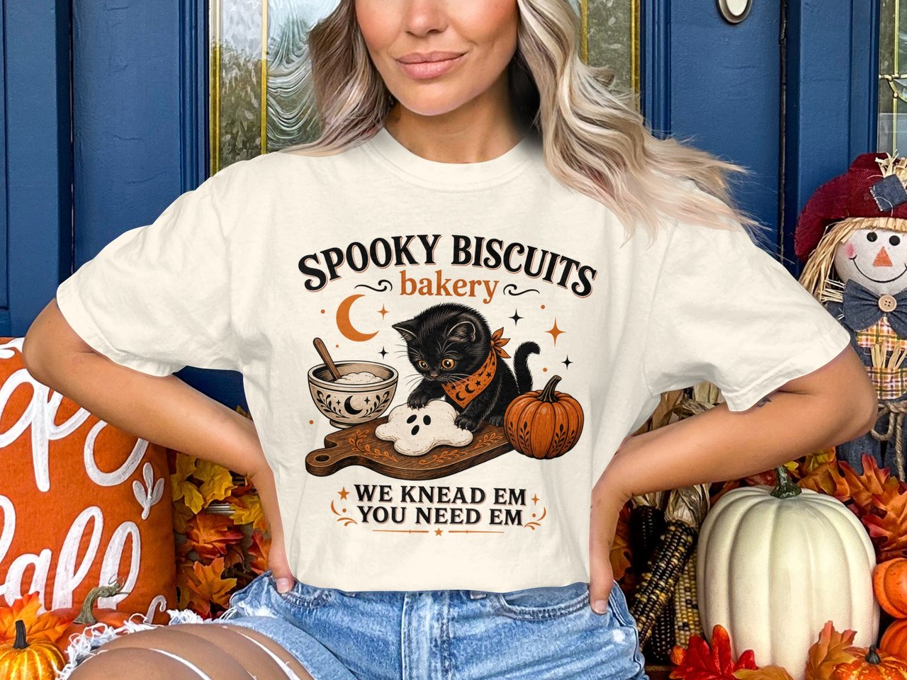 Spooky Biscuits Bakery Black Cat Halloween Sweatshirt, Cute Kitten Kneading Ghost Cookie Baking Lover Fall Hoodie or T-shirt