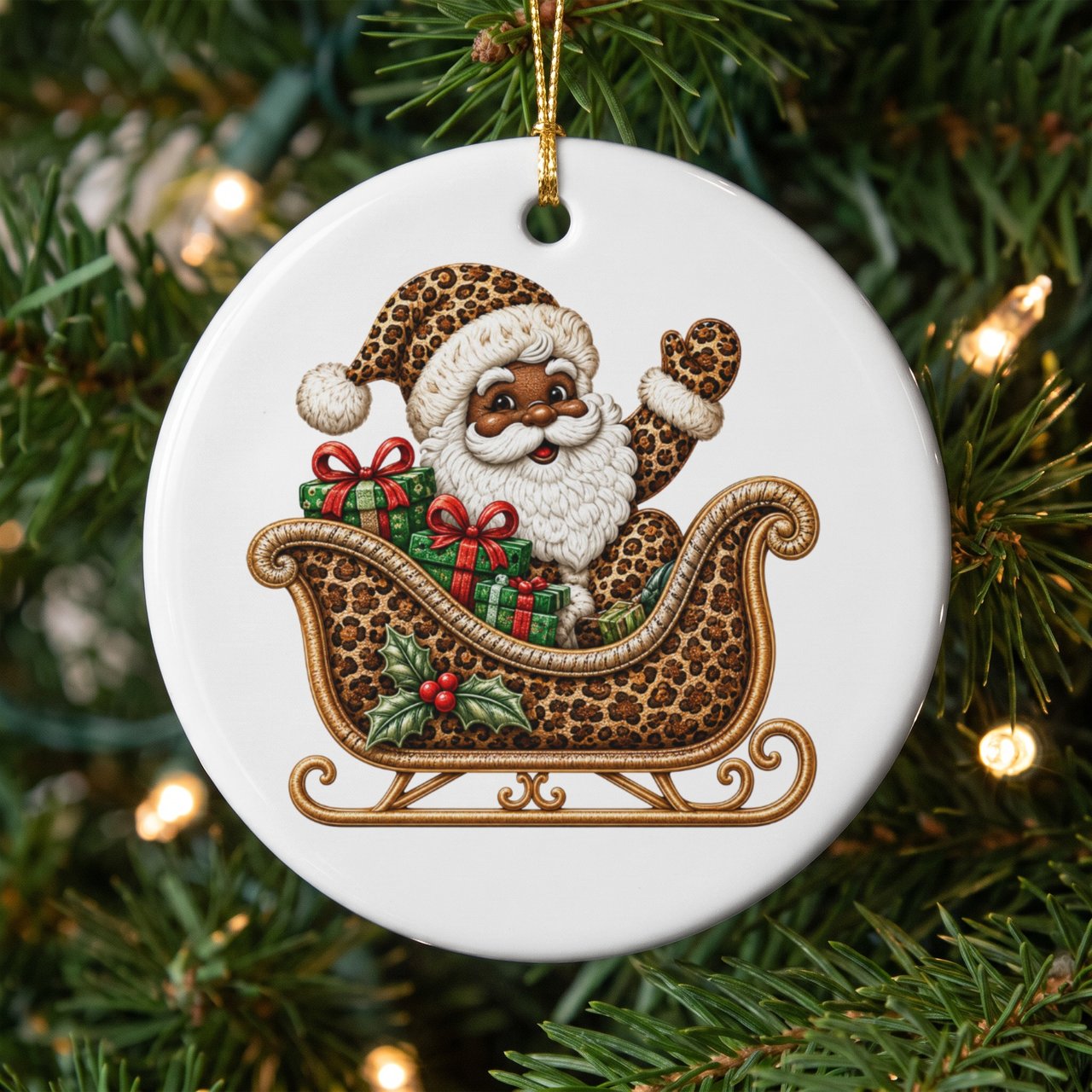 Black Santa Claus Ornament, Leopard Print Sleigh Christmas Decor, African American Santa Tree Hanging, Glam Retro Holiday Gift