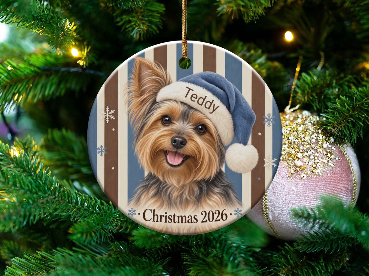 Yorkie Christmas Ornament 2026, Cute Yorkshire Terrier Xmas Decor, Dog Mom Holiday Keepsake, Blue Santa Hat Pet Lover Tree Decoration