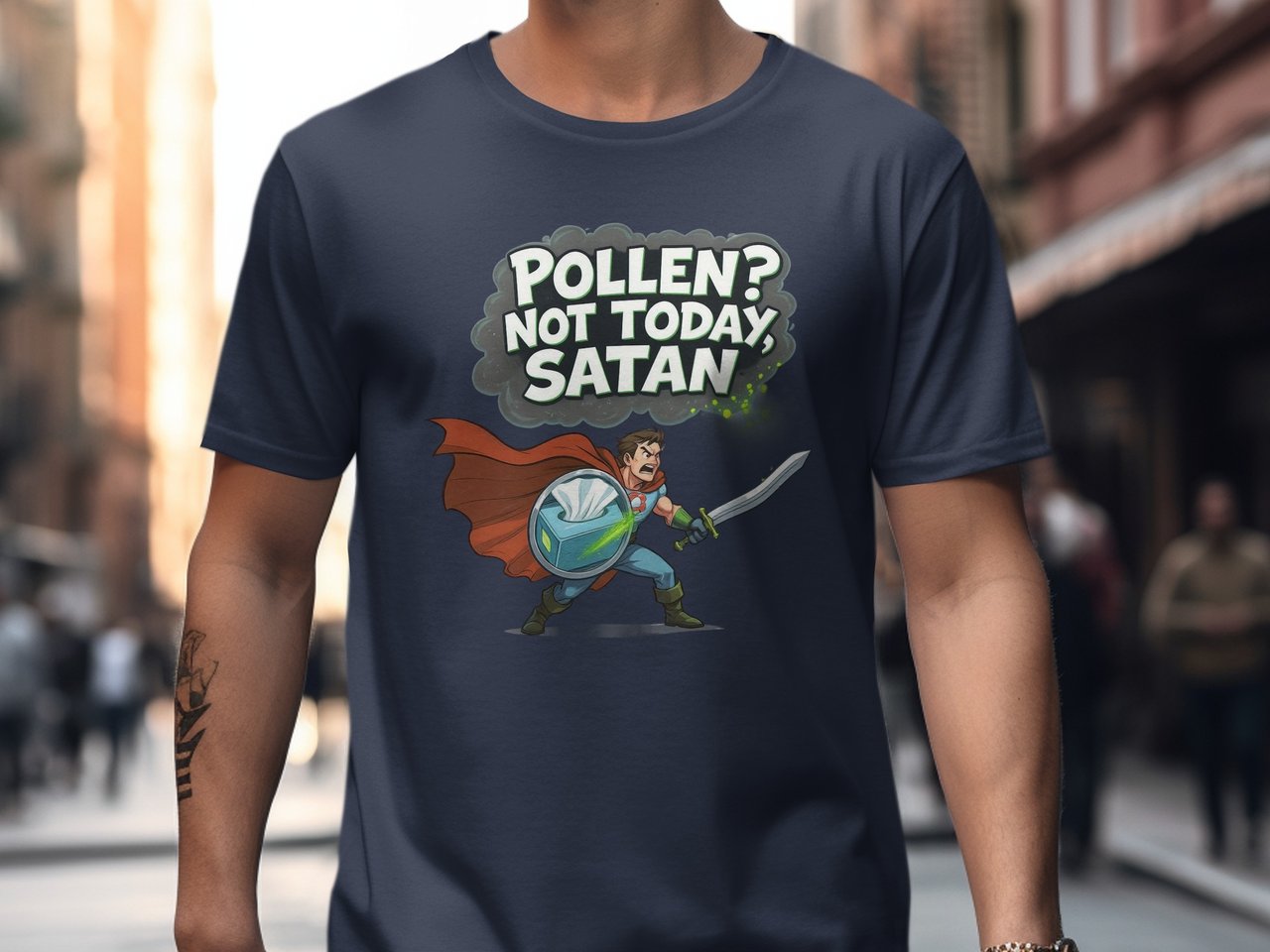 Pollen Not Today Satan T-Shirt, Allergy Season Hero Tee, Funny Spring Allergies Shirt, Sneeze Humor Gift, Comic Style Allergy Warrior TShirt