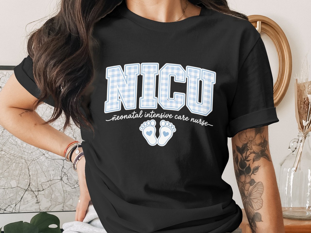 NICU Nurse Gingham T-Shirt: Blue Plaid Design, Neonatal Intensive Care, Baby Footprints