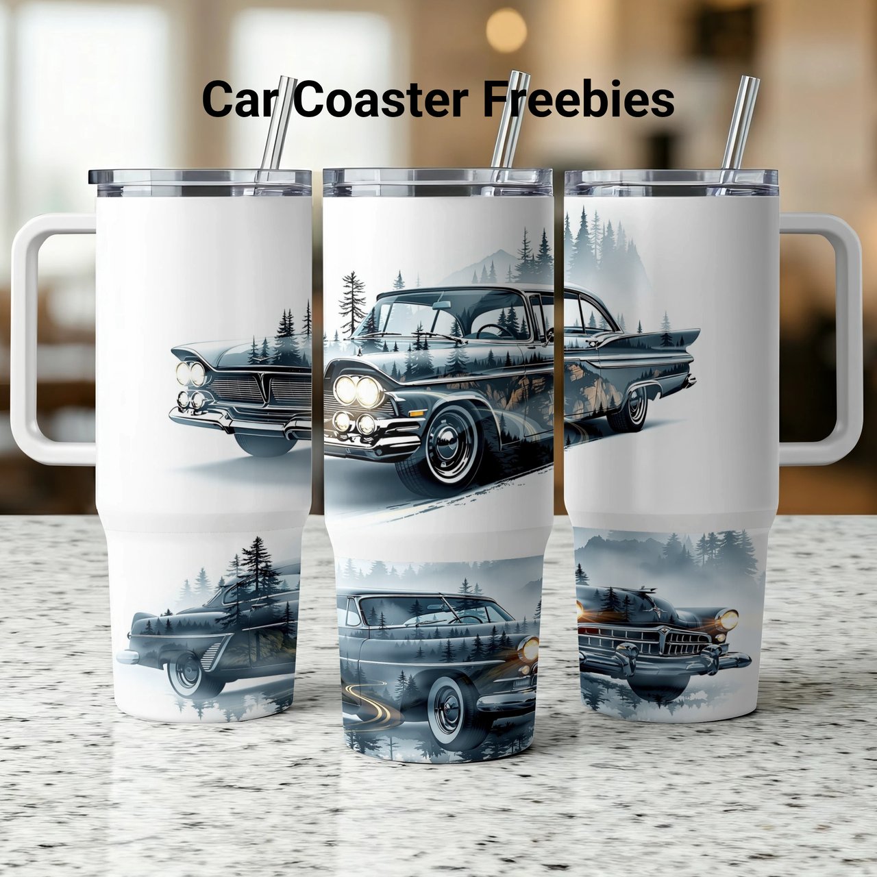 Classic Car Tumbler Wrap, 40oz Sublimation Design, Vintage Ride PNG, Pine Forest Mountains Digital