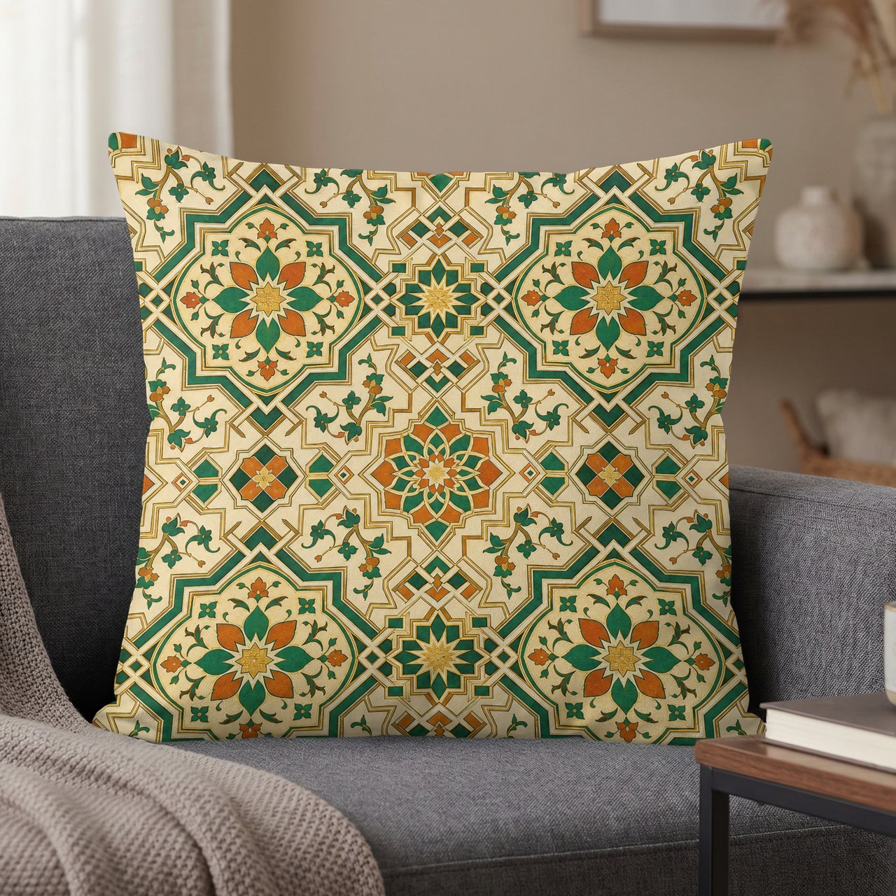 Moroccan Geometric Pillow Cover | Boho Accent Cushion | Ethnic Pattern Pillow Case with Faux Gold Print | Global Home Decor