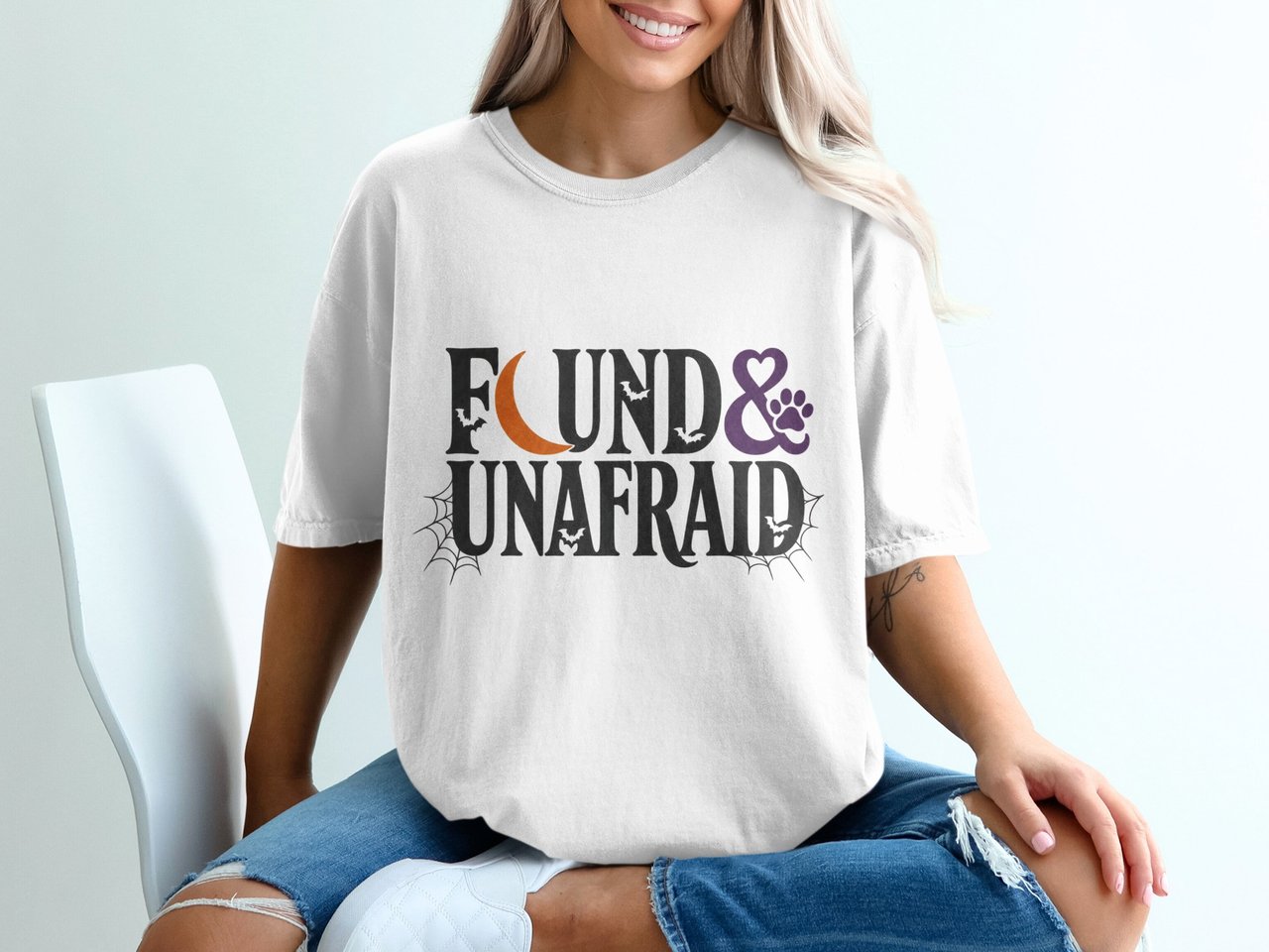 Found & Unafraid Halloween T-Shirt | Spooky Pet Lover Crescent Moon Bat Spiderweb Tee Shirt Goth Witchy Fall Gift