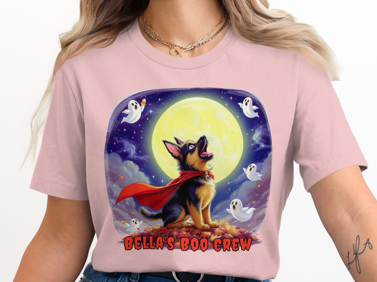 Halloween German Shepherd Crew Sweatshirt, Cute Ghosts Moon Night, Fall Season Graphic Pullover, adult and kid size t-shirts