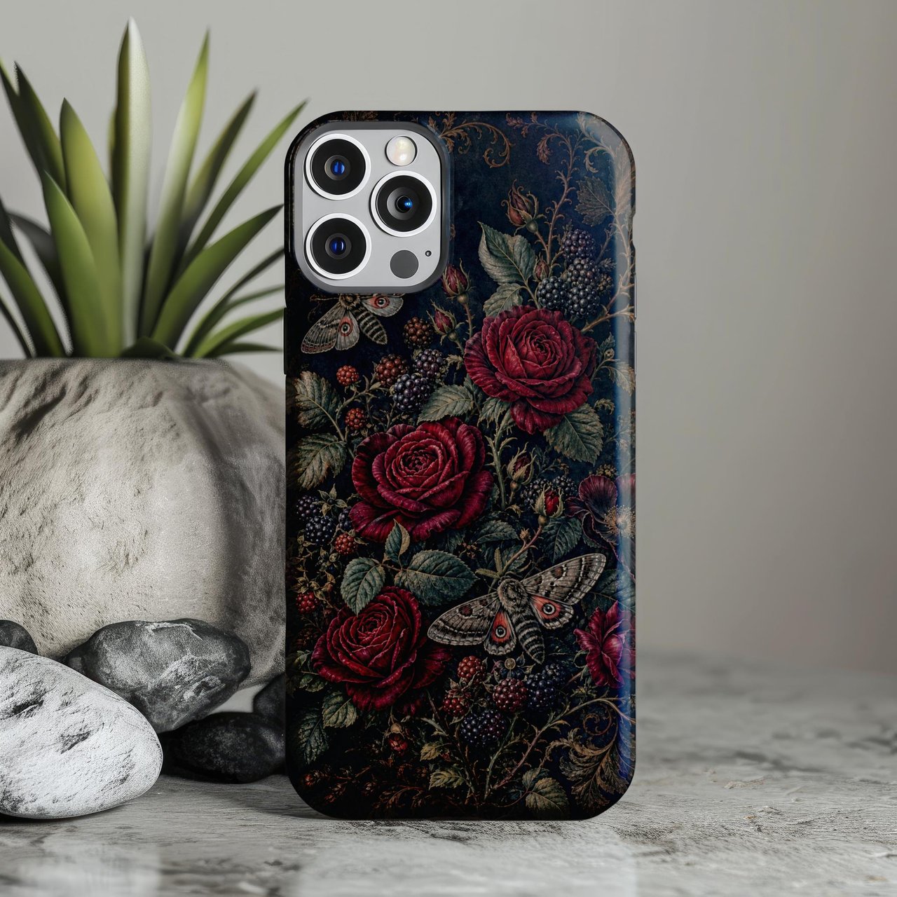 Dark Cottagecore Tough Phone Case, Moody Gothic Red Rose Moth Cover, Vintage Botanical Oil Painting Floral Phone Case, Dark Academia Gift