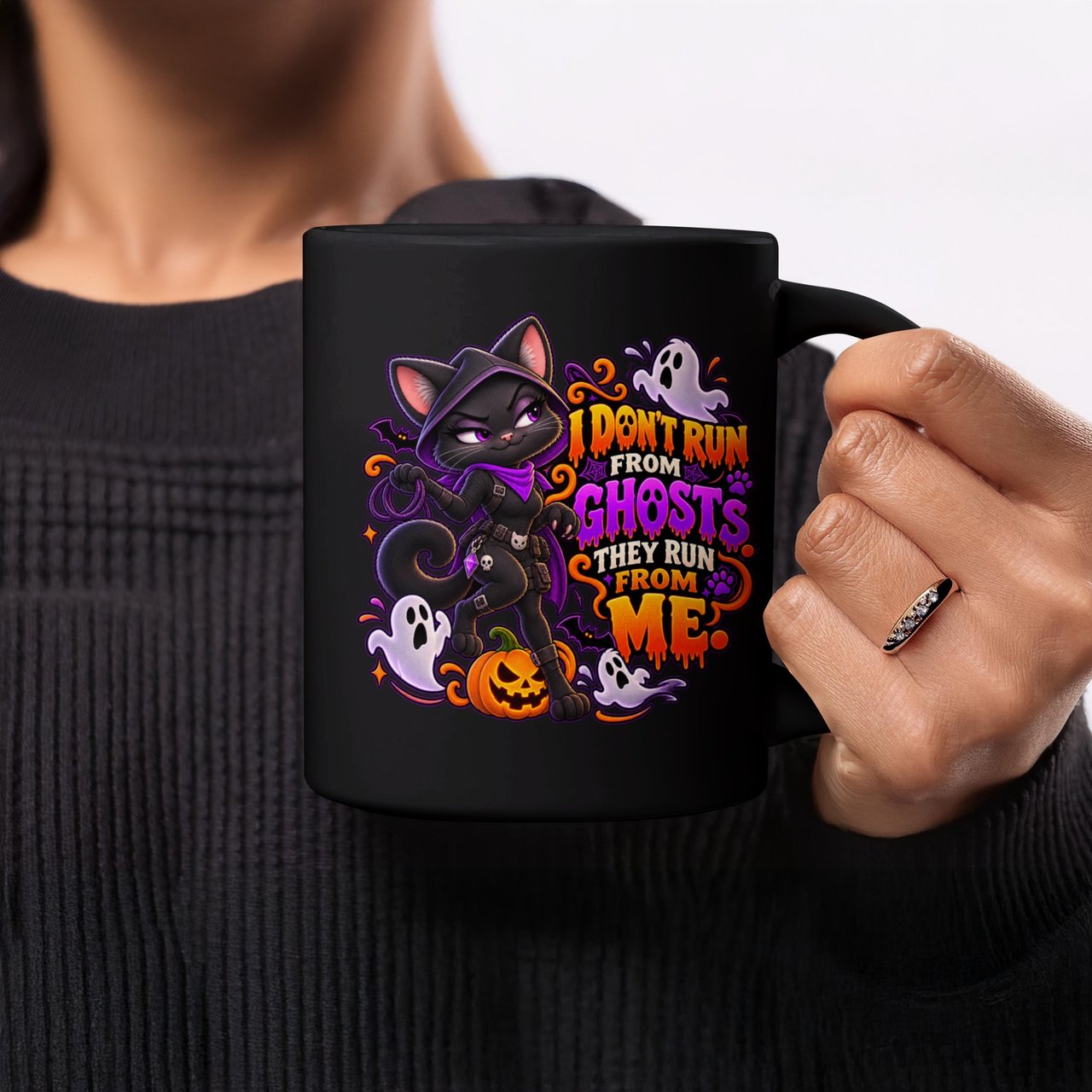 I Dont Run From Ghosts Black Cat Mug