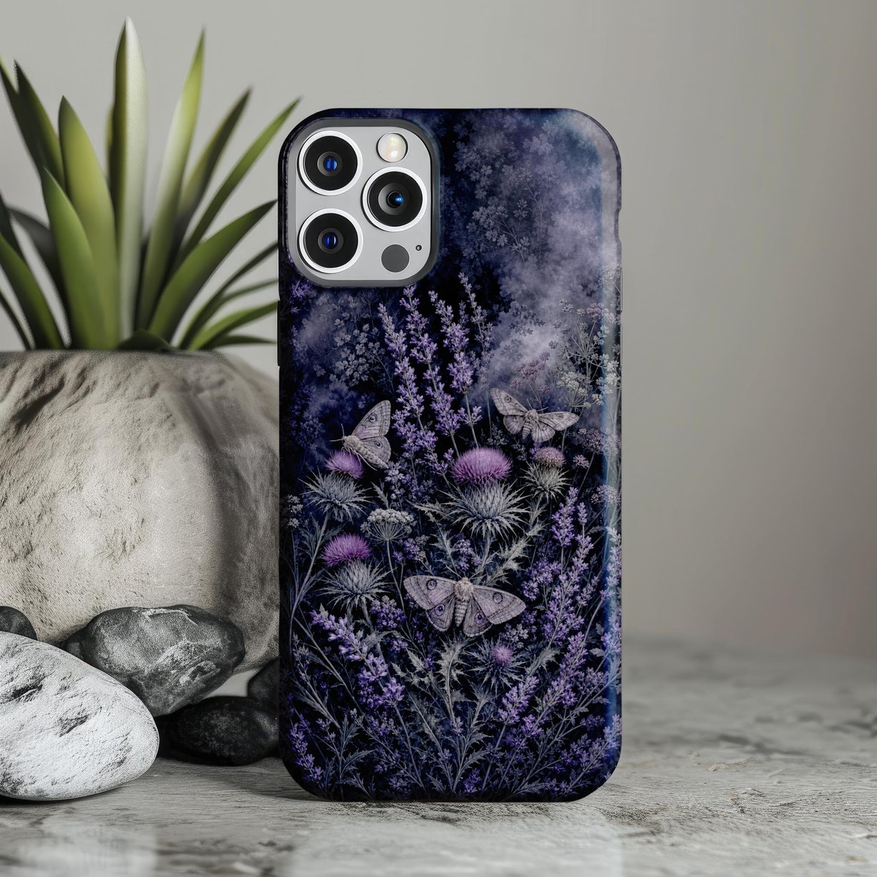 Dark Botanical Tough Phone Case, Gothic Moth & Lavender Floral Phone Cover, Moody Witchy Cottagecore Aesthetic, Gift for Nature Lover