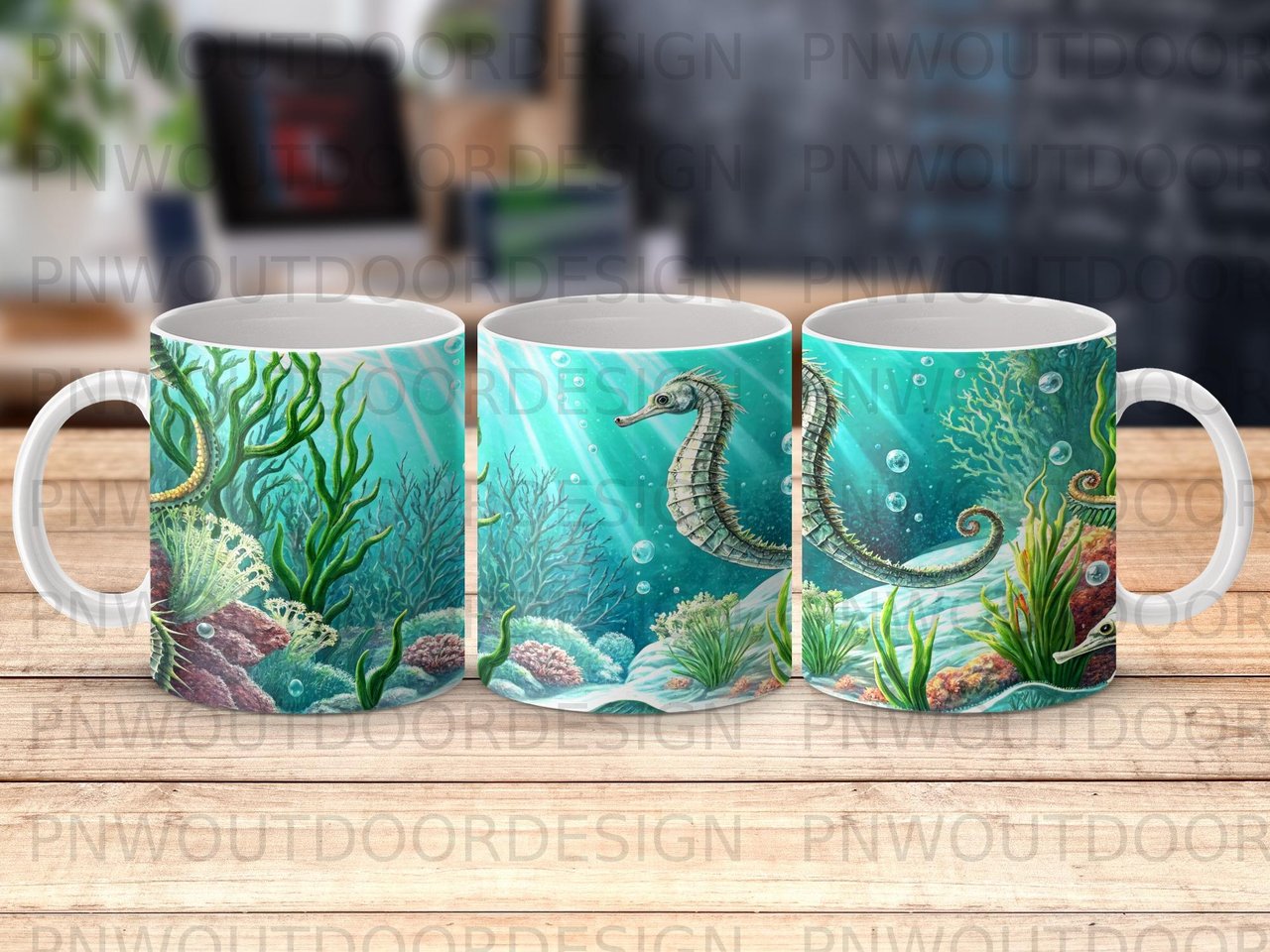 Seahorse Ocean Scene Sublimation Wrap Digital Design for 11oz and 15oz Mugs | Whimsical Marine Life Underwater Art Coastal Mug Design Gift