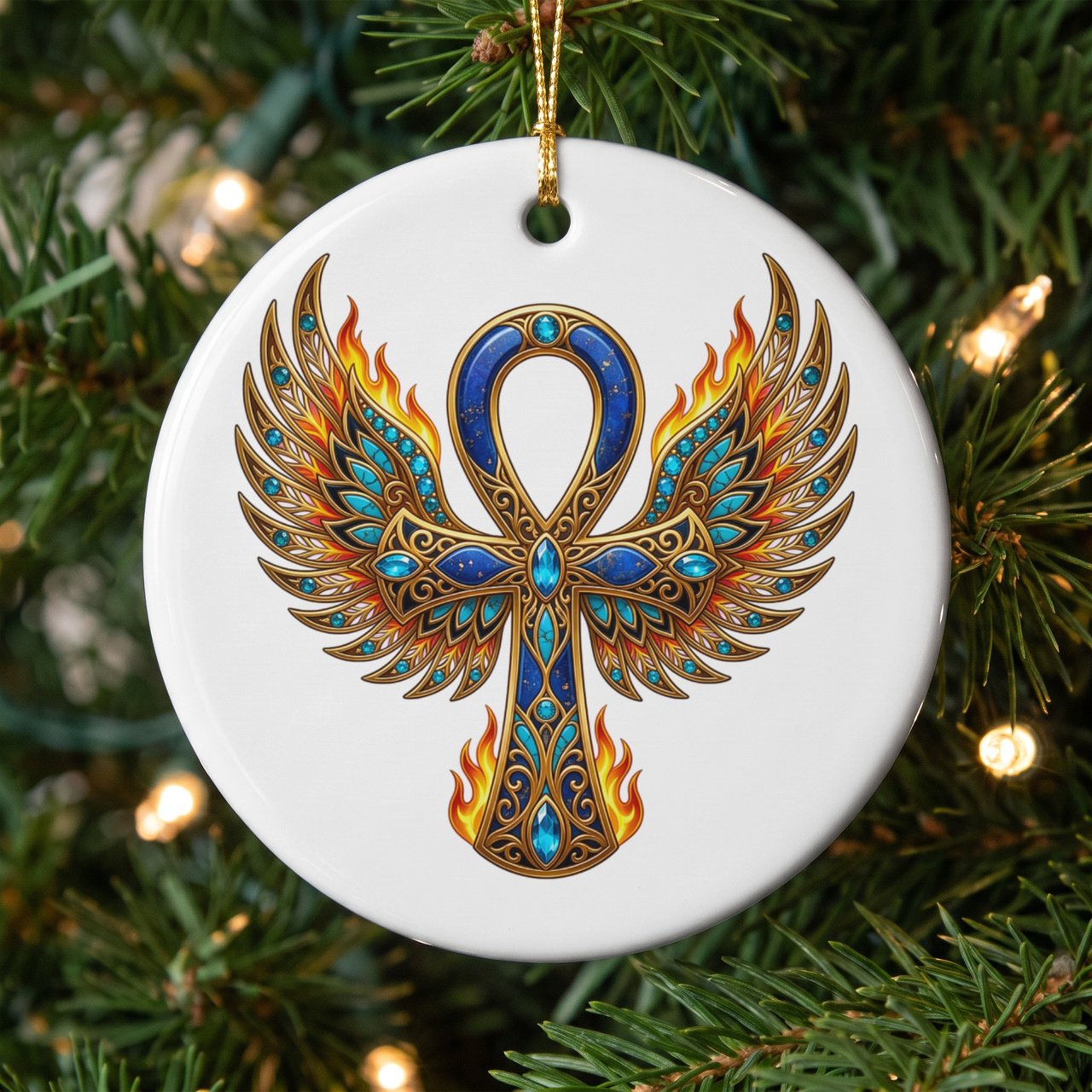 Egyptian Ankh Winged Ornament, Faux Gold Phoenix Flame Tree Decor, Mystical Kemetic Altar Holiday Gift, Ancient Egypt Spiritual Keepsake