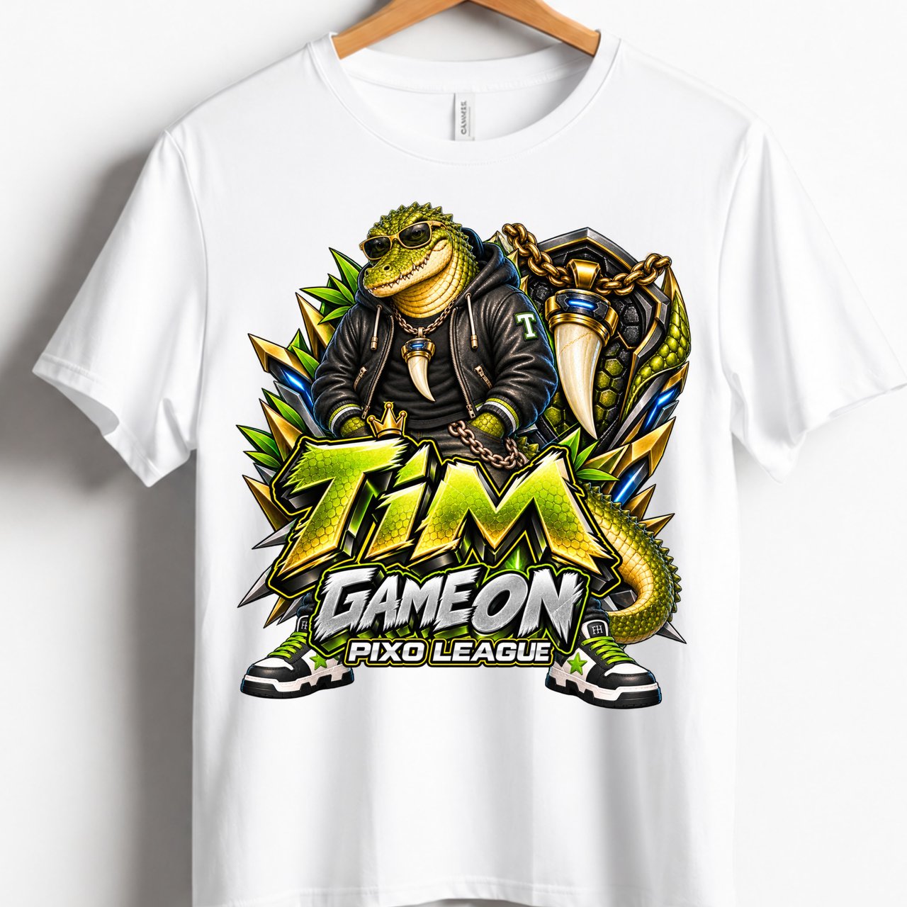 Tim Crocodile Youth Gaming T-Shirt, Kids Gamer Graphic Tee, Green Alligator Streetwear Shirt, Pixo League