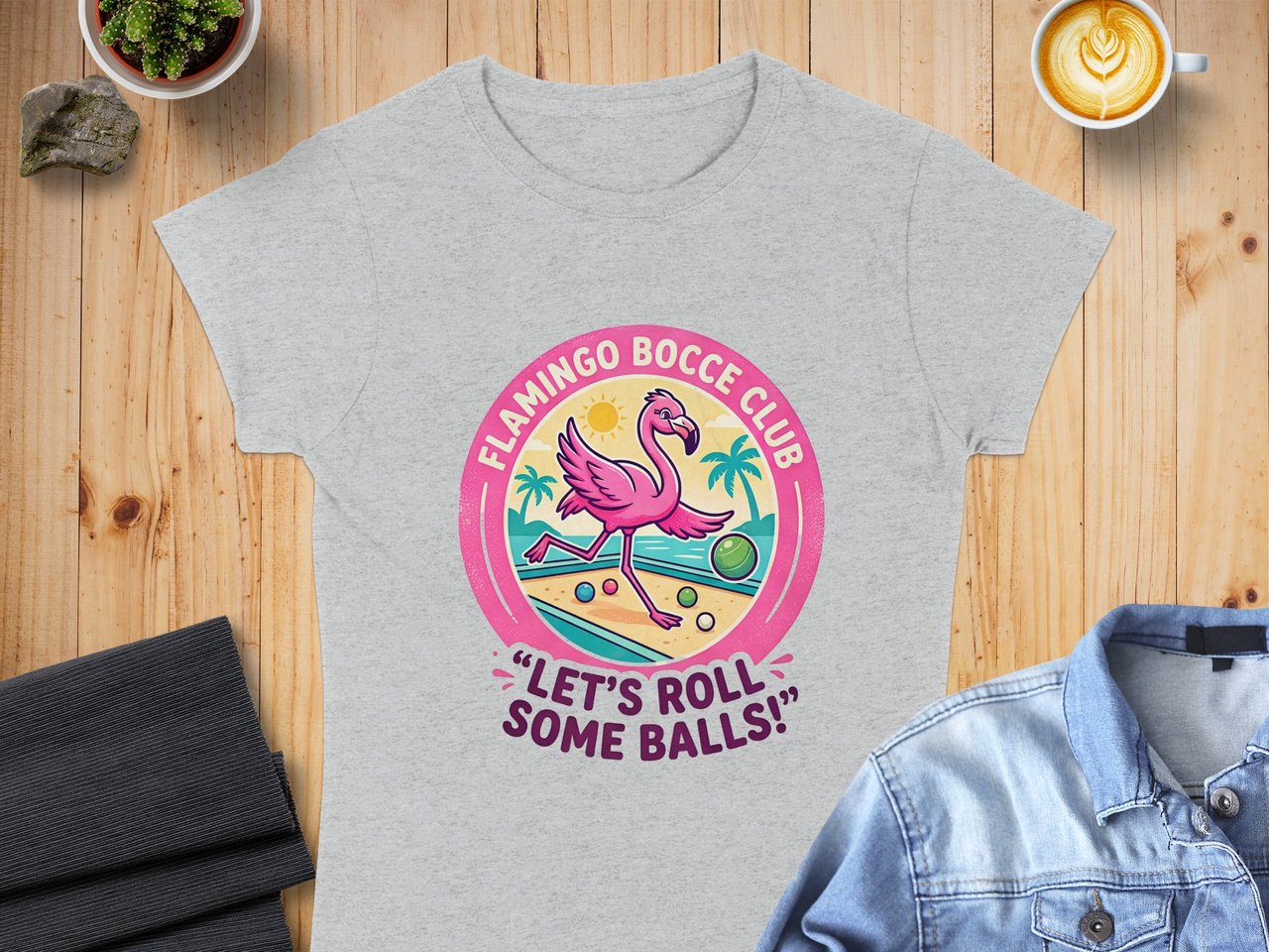 Flamingo Bocce Club T-Shirt, Let's Roll Some Balls Funny Bocce Player Tee, Tropical Beach Game Shirt, Summer Vacation Gift for Him Her