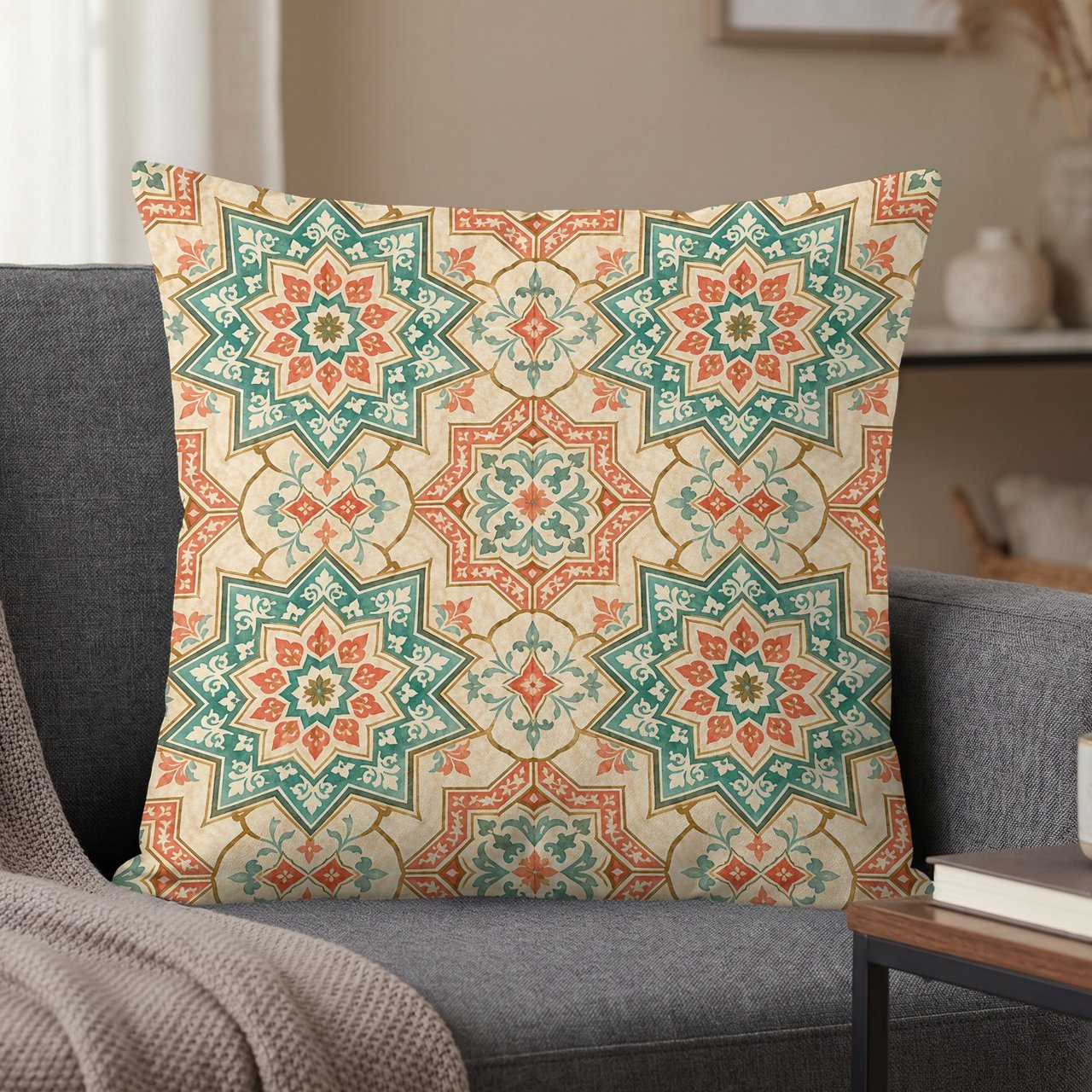 Boho Moroccan Pattern Pillow Cover, Mediterranean Decor Cushion Case, Faux Gold Print Geometric Design Accent Pillow
