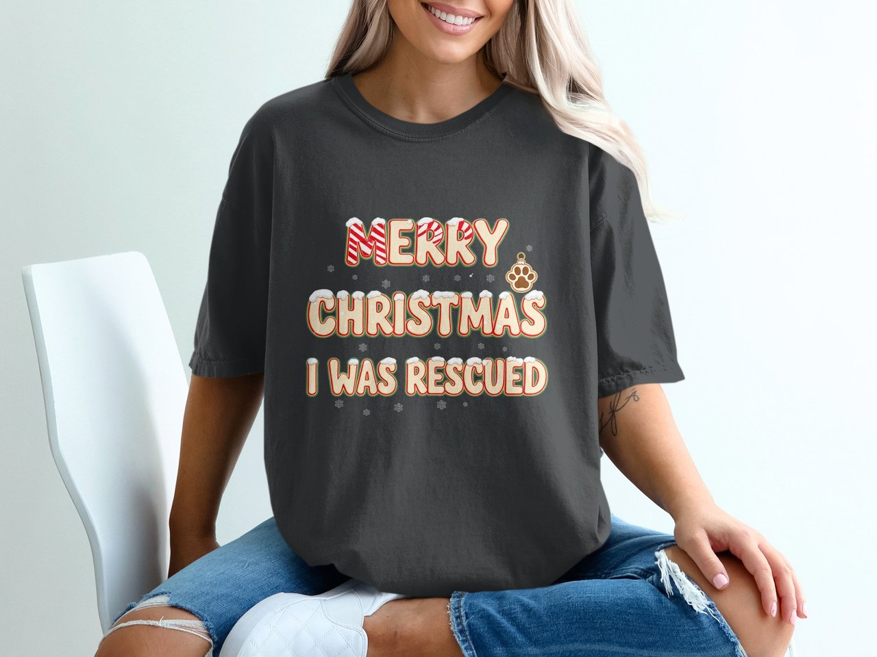 Merry Christmas I Was Rescued T-Shirt, Rescue Dog Mom Tee, Adopted Pet Christmas Shirt, Animal Lover Holiday Apparel, Paw Print Gift