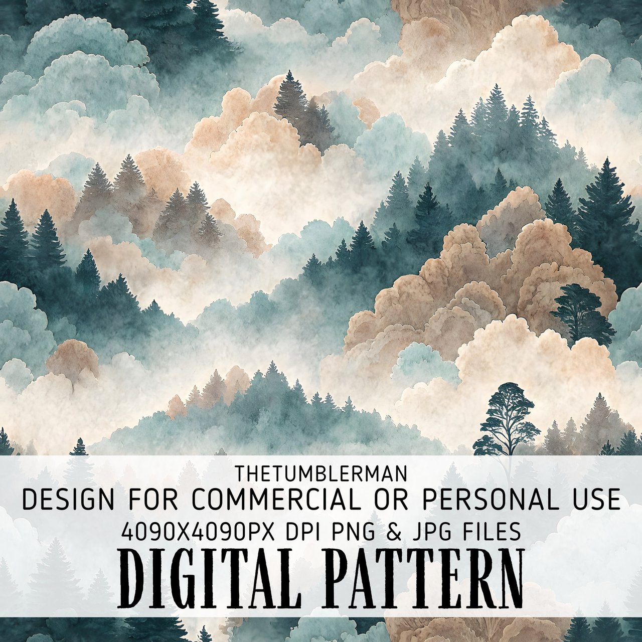 Digital Pattern Bundle, Watercolor Forest, Trees, Clouds Digital Download, Printable Digital Paper, Scrapbook Paper, Commercial Use, Digital
