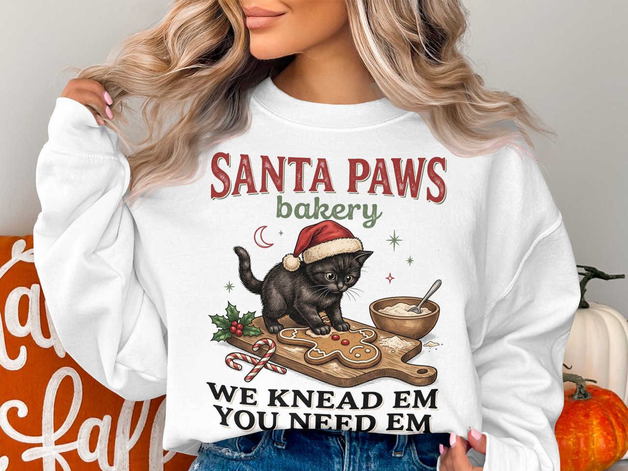 Santa Paws Bakery Christmas Cat Print, Funny Black Cat Making Biscuits Holiday Graphic, Retro Baker Kitten Winter Art Decor Gift