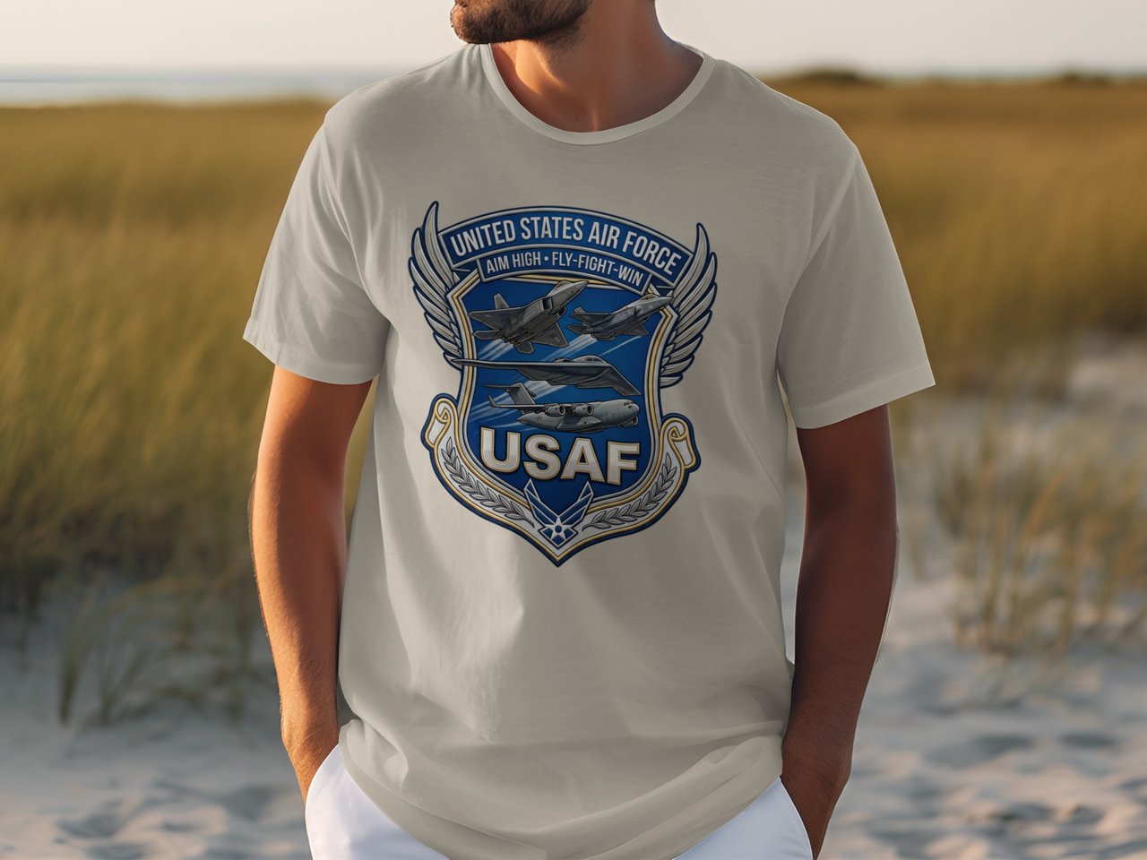 United States Air Force T-Shirt, USAF Aircraft Emblem Tee, Military Aviation Gift, Aim High Fly Fight Win Veteran Shirt