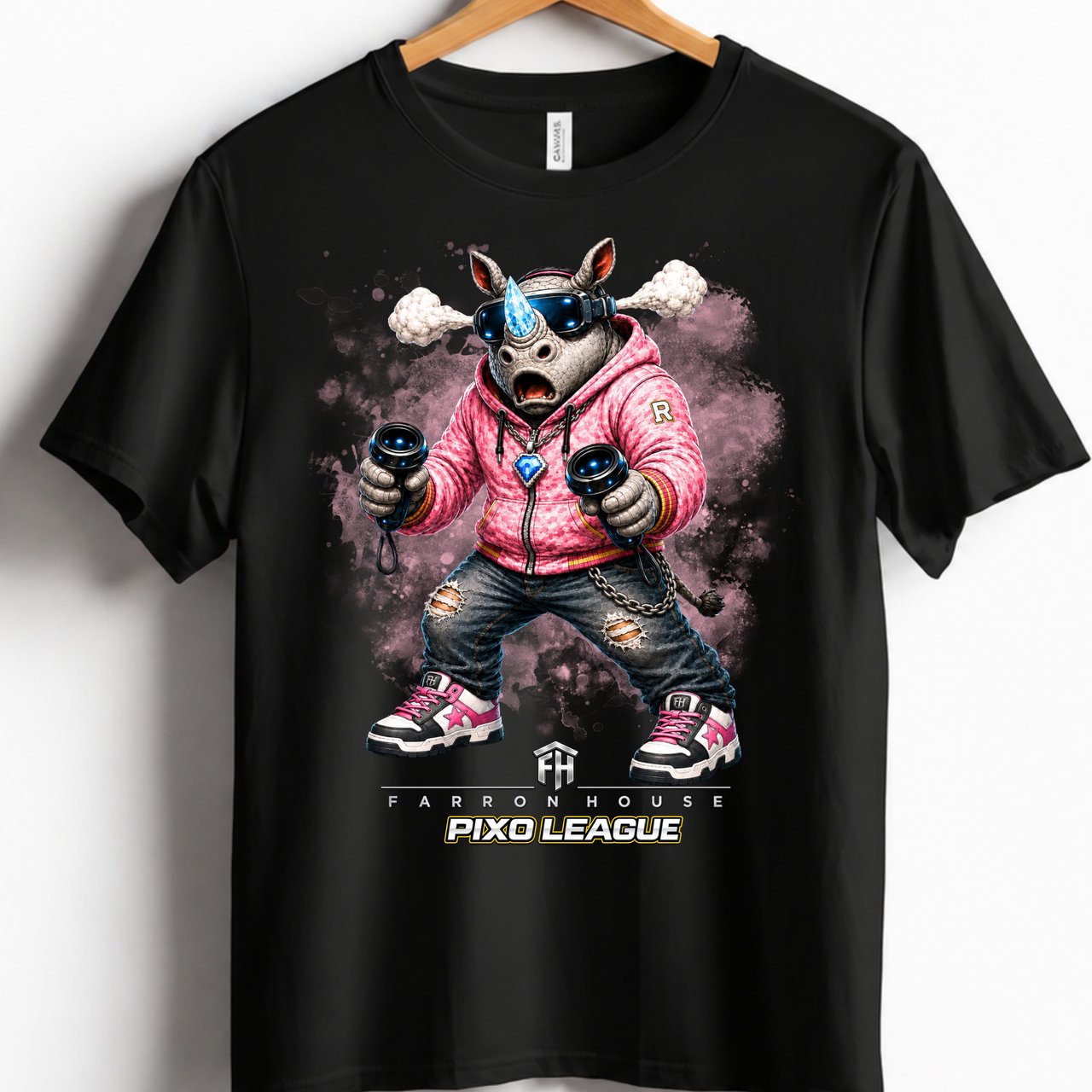 VR Rhino Gamer Shirt for Boys, Funny Virtual Reality Gaming Tee, Kids Birthday Gift, Pixo League by Farron House