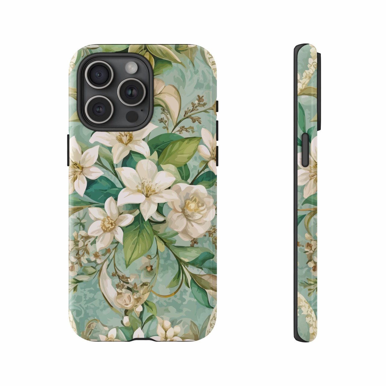 Floral iPhone Case: Elegant White Flowers, Green Leaves, Seamless Pattern