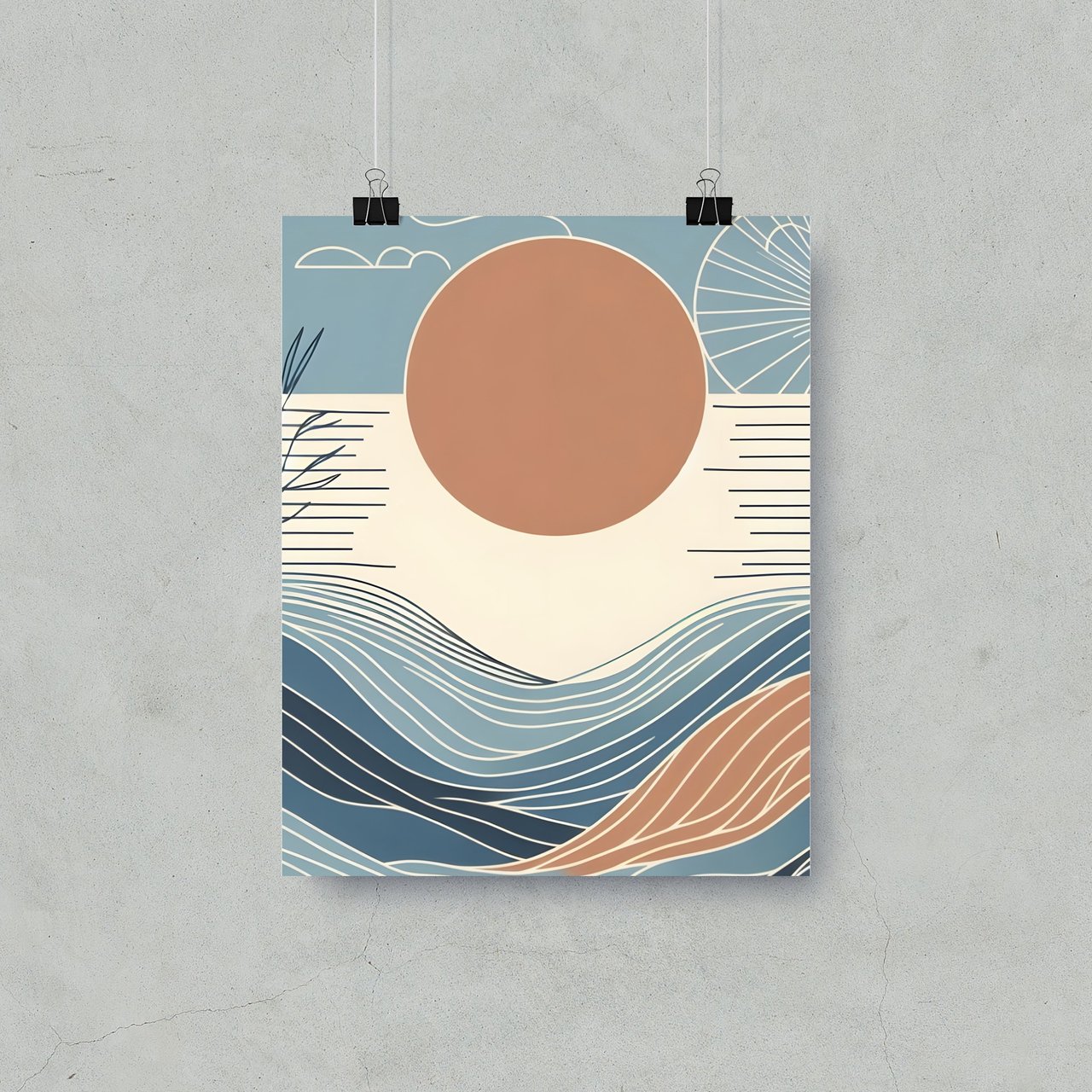 Abstract Ocean Posters, Minimalist Sun Print, Boho Waves Art, Coastal Wall Decor, Scandinavian Seascape Art, Graphic Illustration Posters