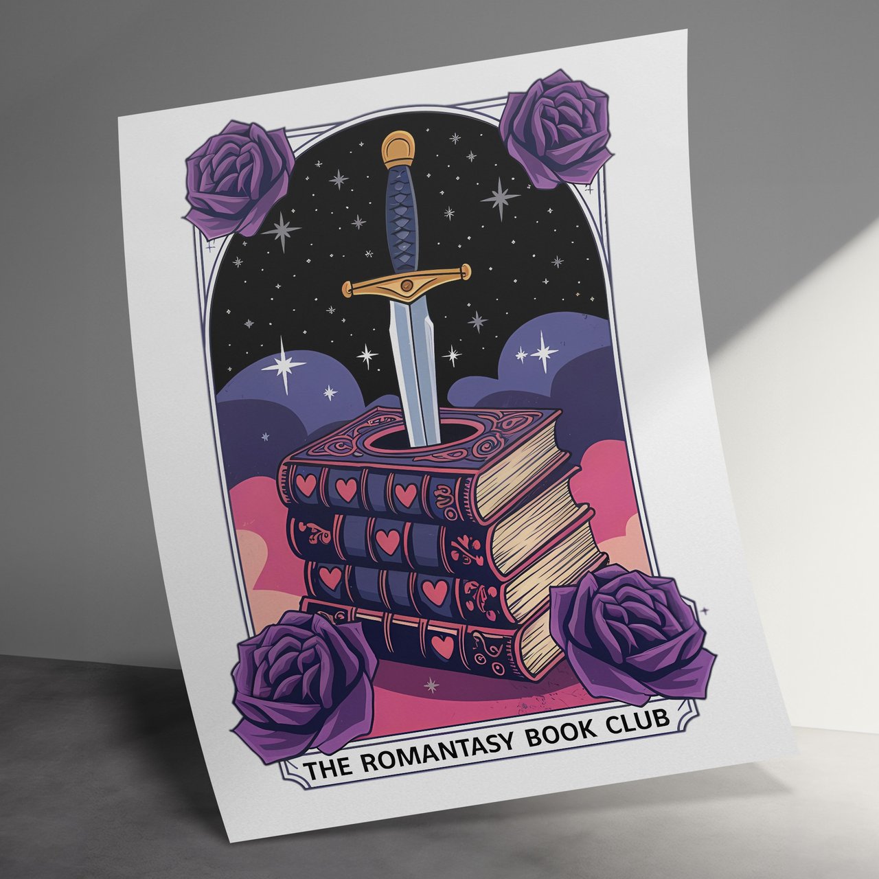 Romantasy Book Club Poster, Sword and Books, Book Lover Gift, Fantasy Art, Purple Roses, Magical Illustration, Readers Gift, Wall Decor