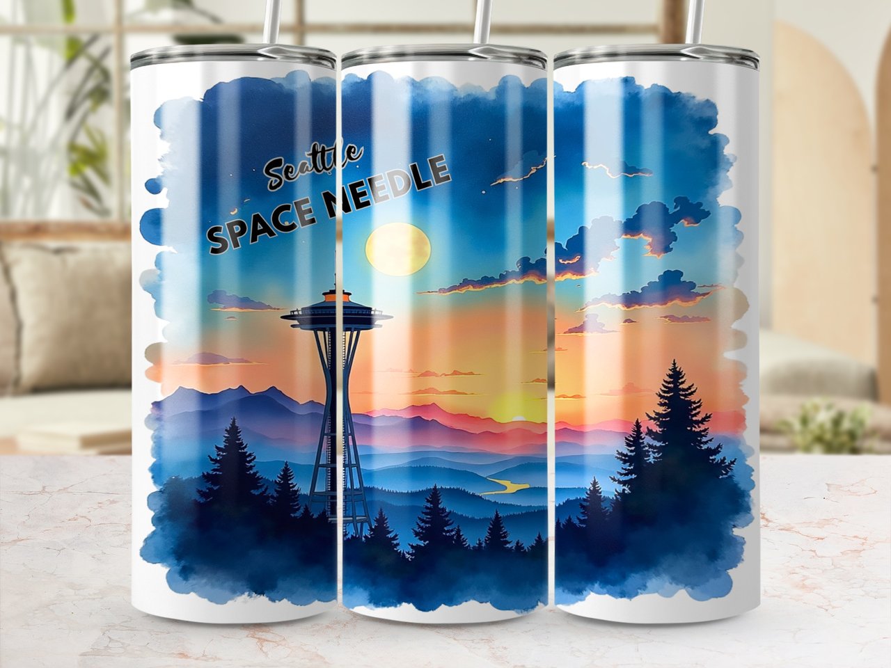 Seattle Space Needle 20oz Tumbler Wrap, Washington Skyline Sunset, Seamless Tumbler Design, Cityscape Tumbler, Full Wrap Tumbler