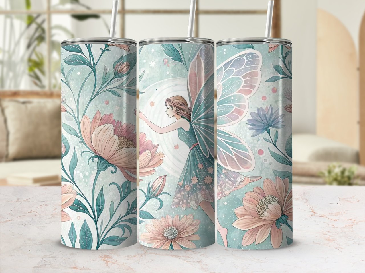 Floral Fairy 20oz Tumbler Wrap Digital Download, Magical Flowers Tumbler Design, Seamless Sublimation Tumbler Wrap, Fairy Tumbler Design