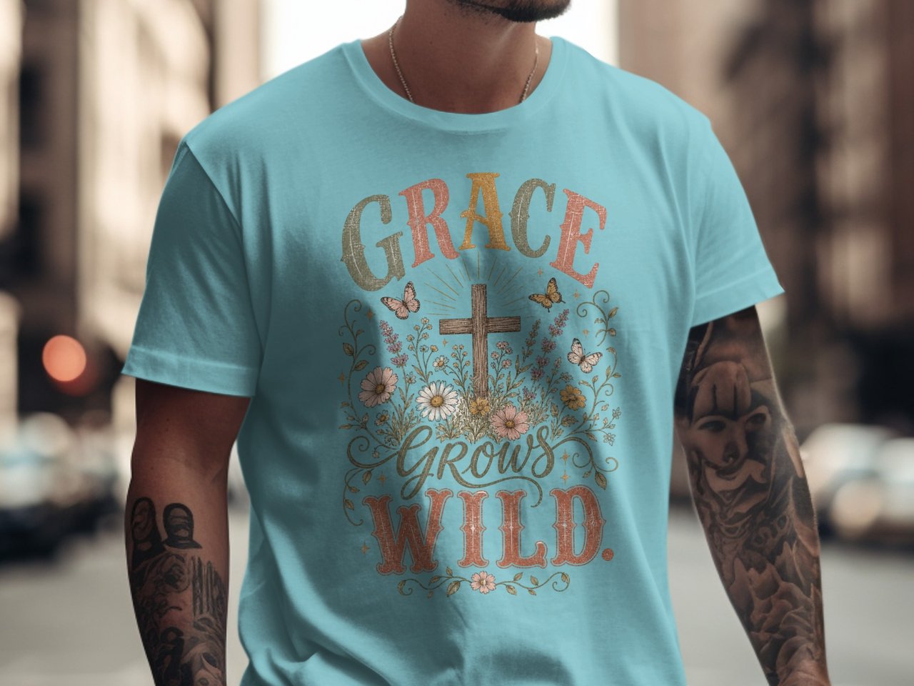 Grace Grows Wild T-Shirt, Christian Faith Tee with Wildflowers & Cross, Boho Inspirational Distressed Religious Shirt, Nature Lover Gift for