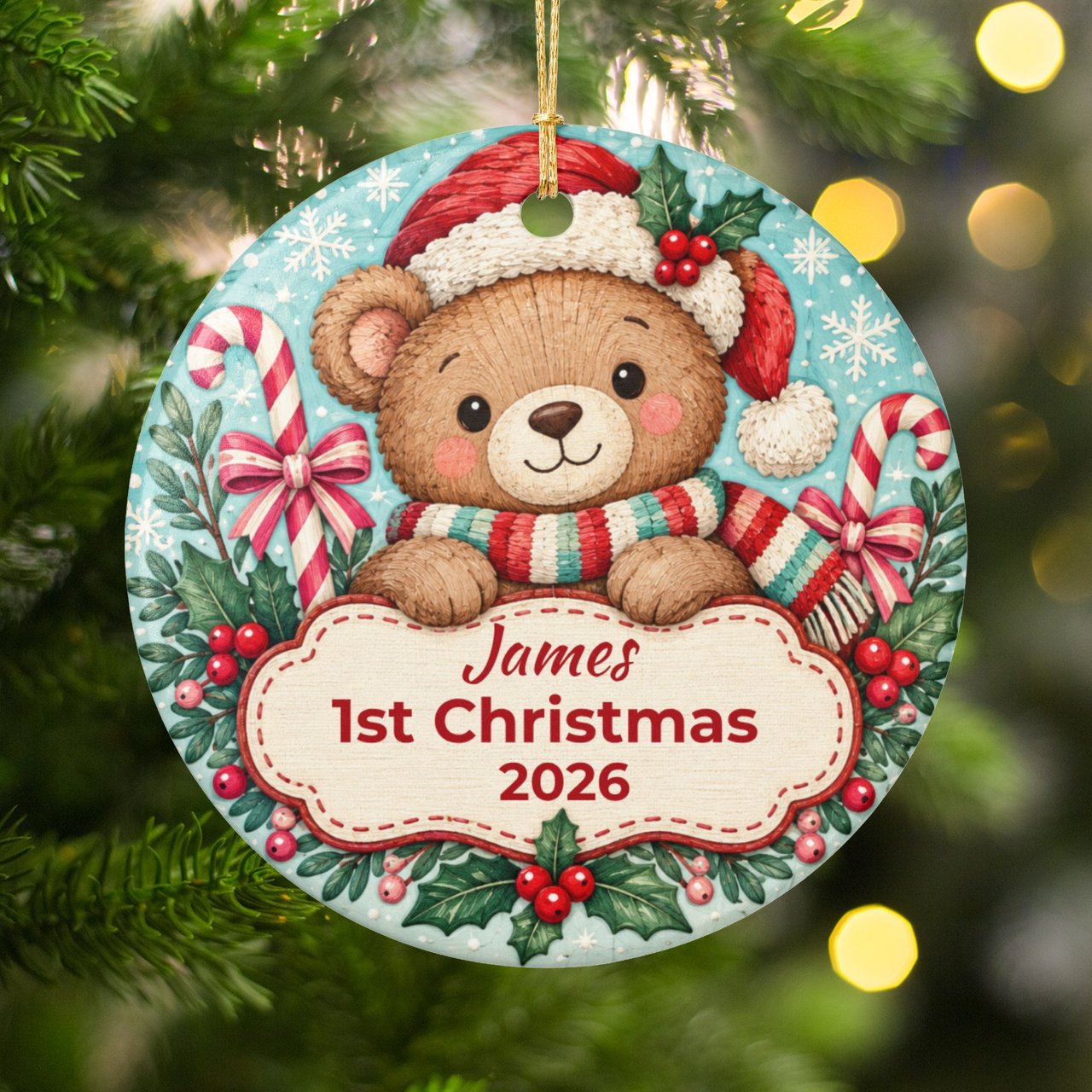 Baby First Christmas Ornament, Personalized Teddy Bear Ornament, Custom Name First Christmas 2026 Keepsake Gift for New Baby Grandbaby