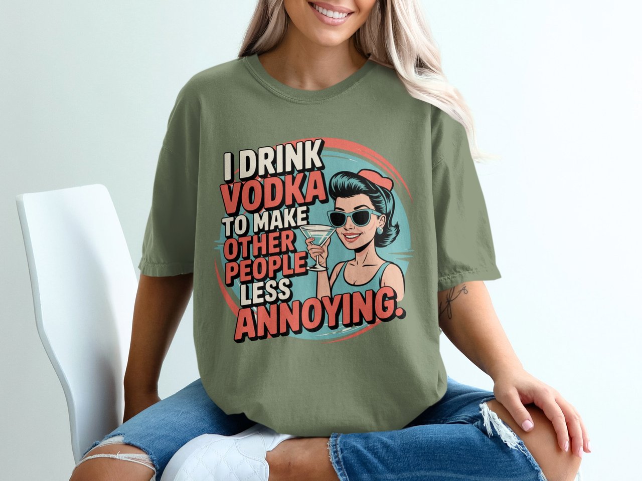 Funny Vodka T-Shirt Sarcastic Humor Retro Pin-Up Girl Drinking Tee Annoying People Quote Cocktail Lover Gift for Her