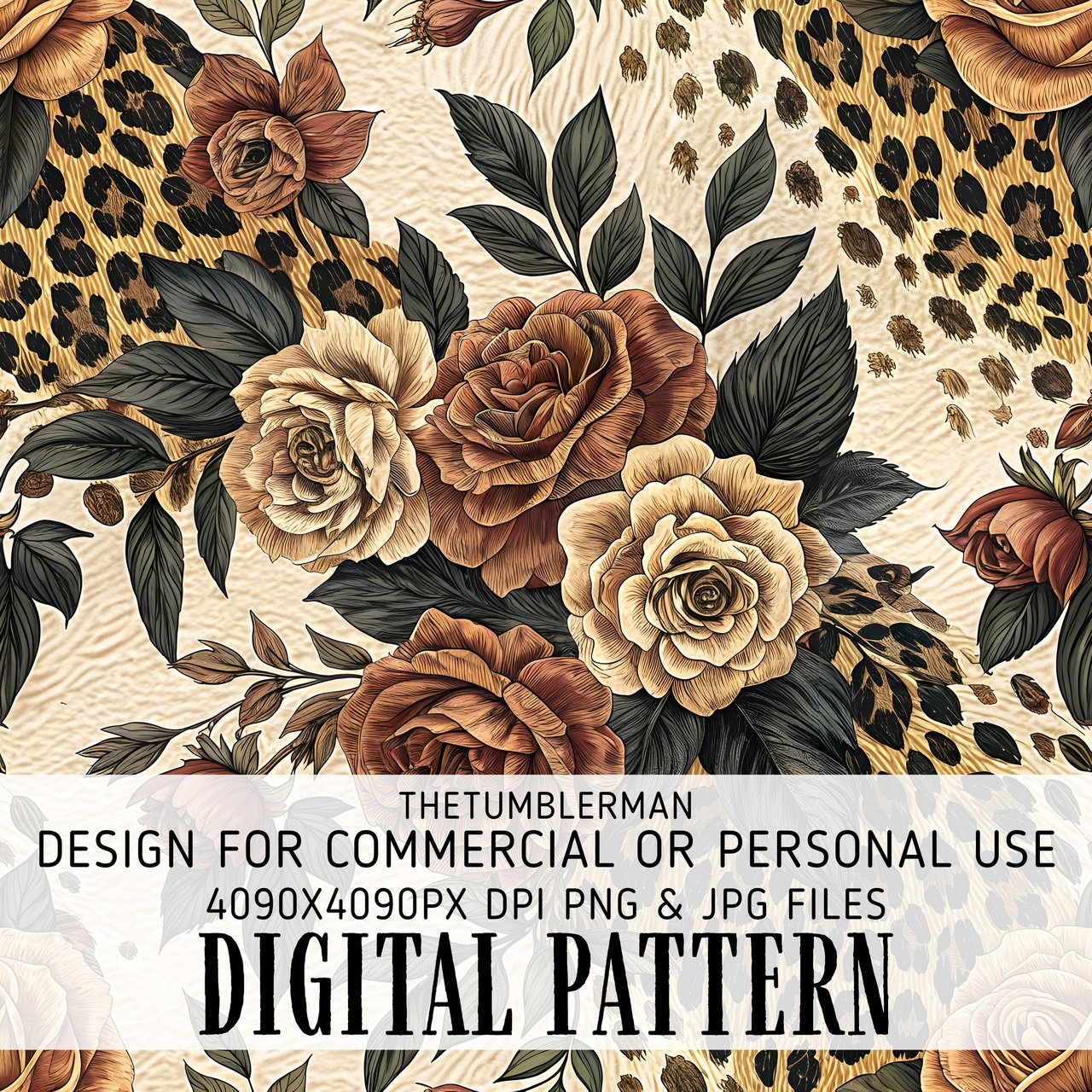 Digital Pattern, Rose Flower, Floral Leopard, Animal Print, Digital Bundle, Seamless Pattern, Fabric Design, Commercial Use, Digital File