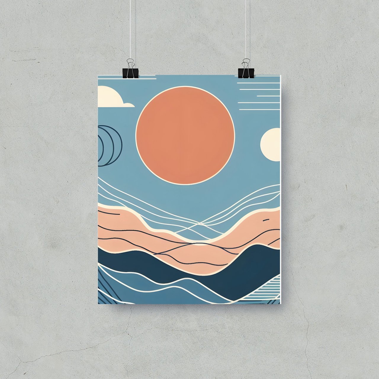 Minimalist Landscape Posters, Abstract Mountain Art, Geometric Sun Print, Mid Century Modern Wall Decor, Nature Inspired Posters